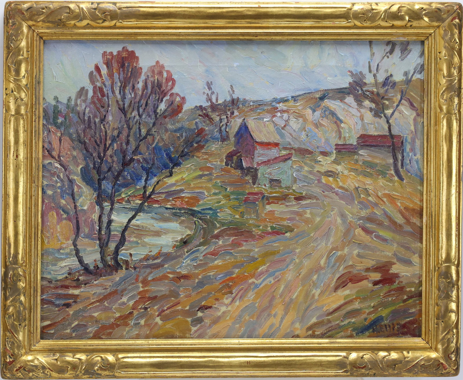 Howard Ellis (1883 - 1962): Oil on canvas, SLR. Impressionist landscape of farmstead and creek. 16"h x 20"w and 19.5"h x 23.5"w framed