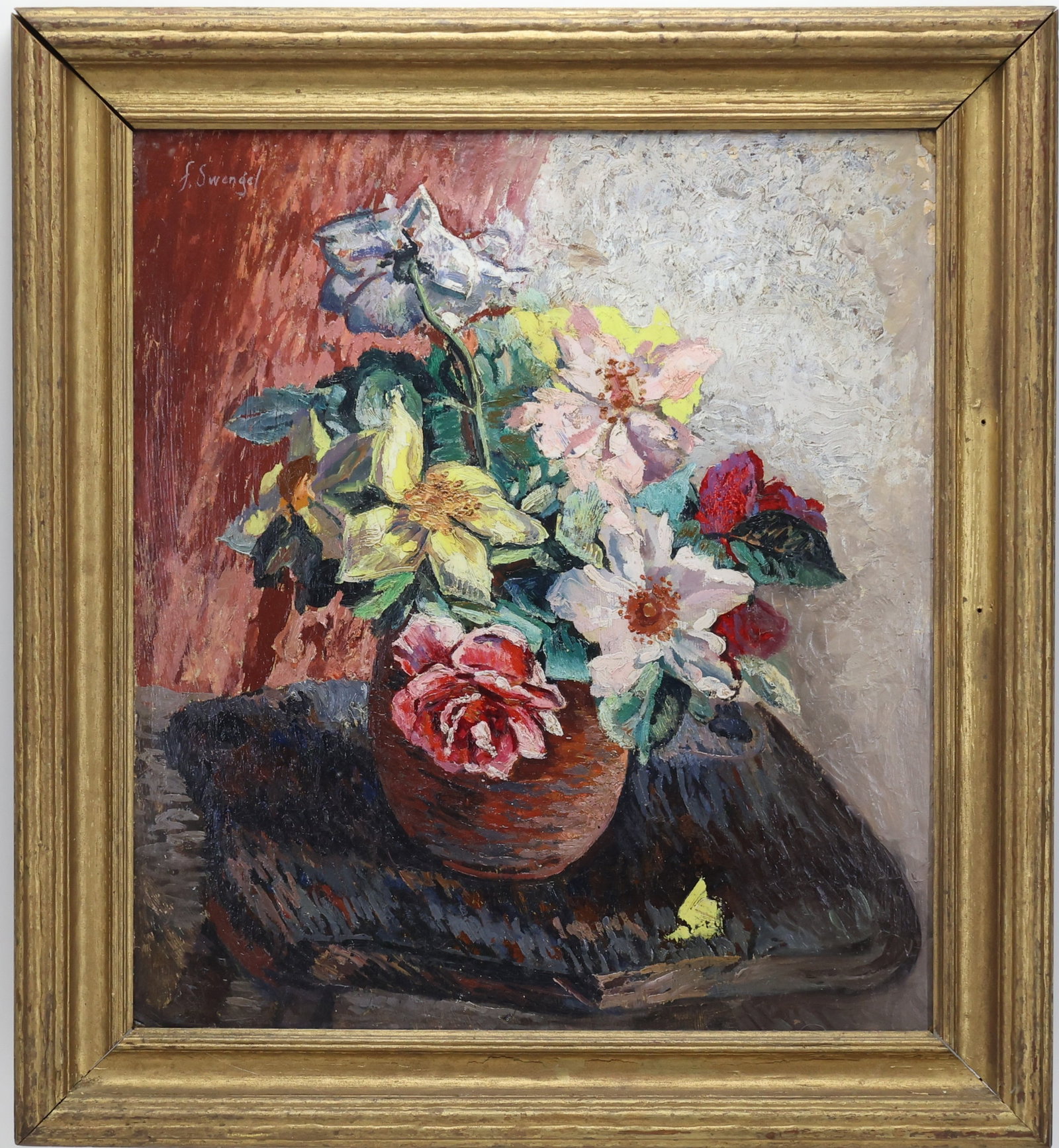Faye Swengel Badura (1904 - 1991): Oil on board, "Roses", SUL and en verso. Tabletop still life of vase of flowers. 20"h x 18"w and 25"h x 23"w framed