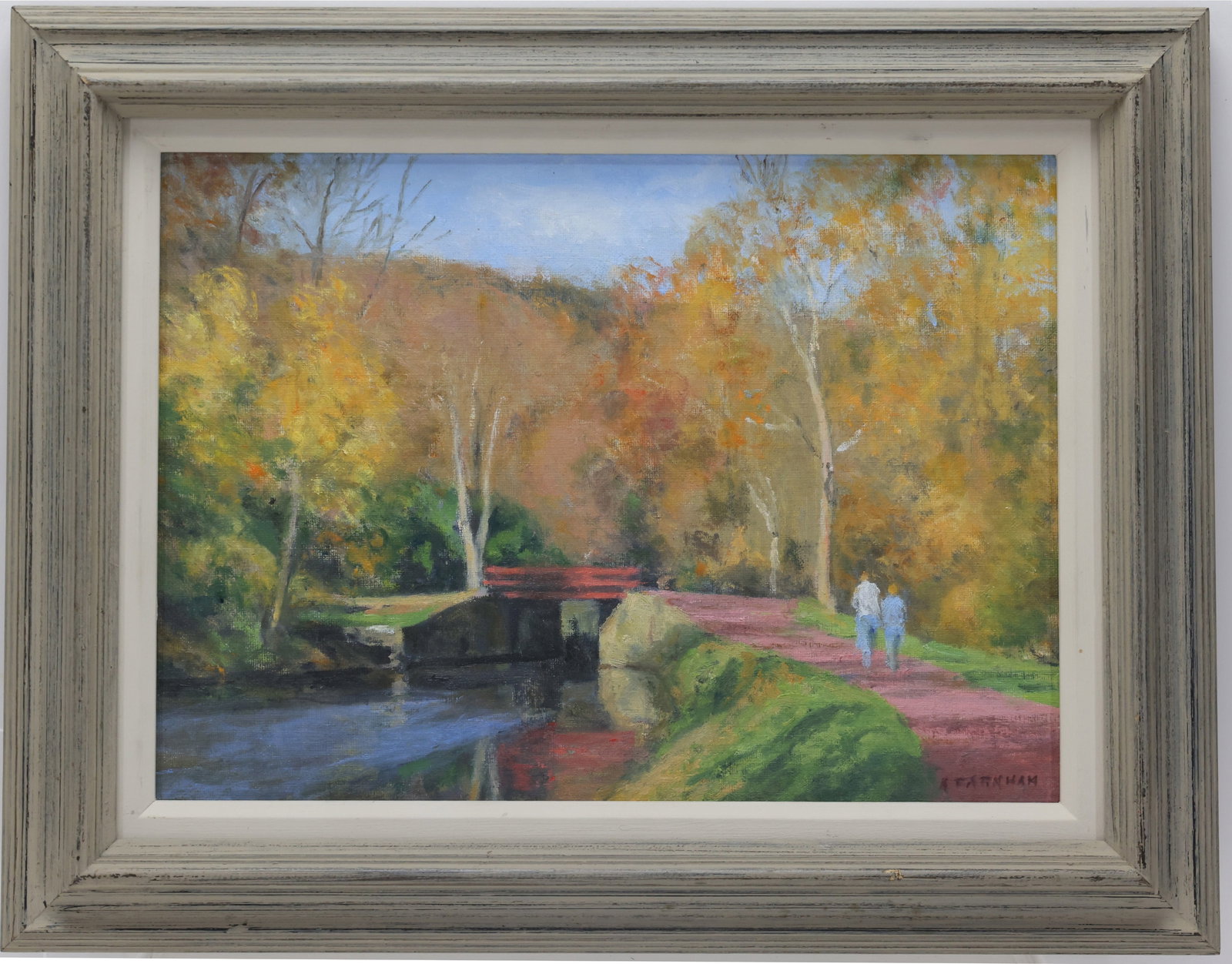 Alexander Farnham (1926-2017): Oil on canvas board, SLR. Along the Canal Towpath, Lumberville, Pennsylvania. 9"h x 12"w and 12.5"h x 15.5"w framed