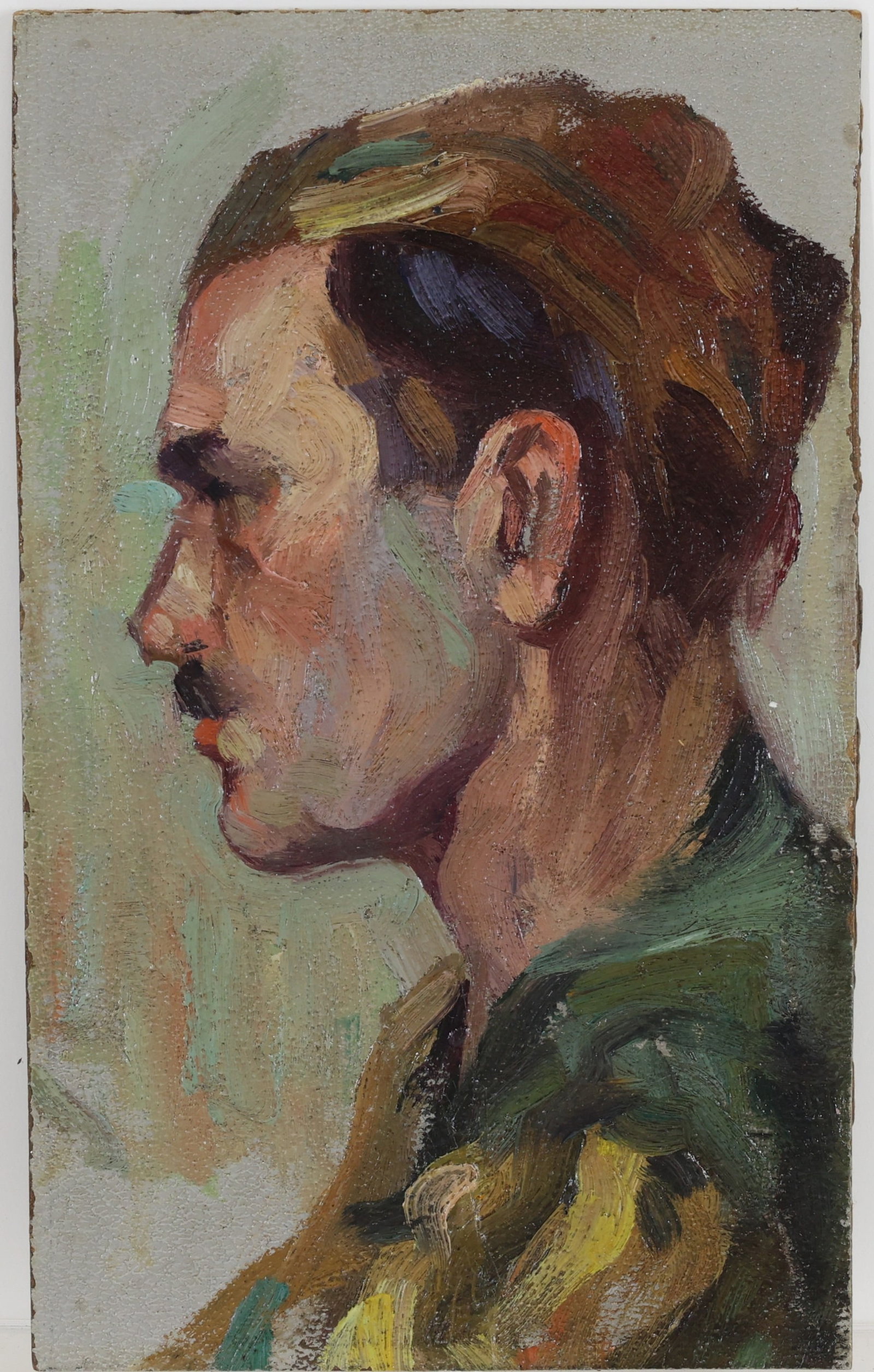 Antonio Martino (1908-1988): Oil on board, unsigned by artist. Profile self portrait of Antonio Martino. 10.5"h x 6.25"w unframed