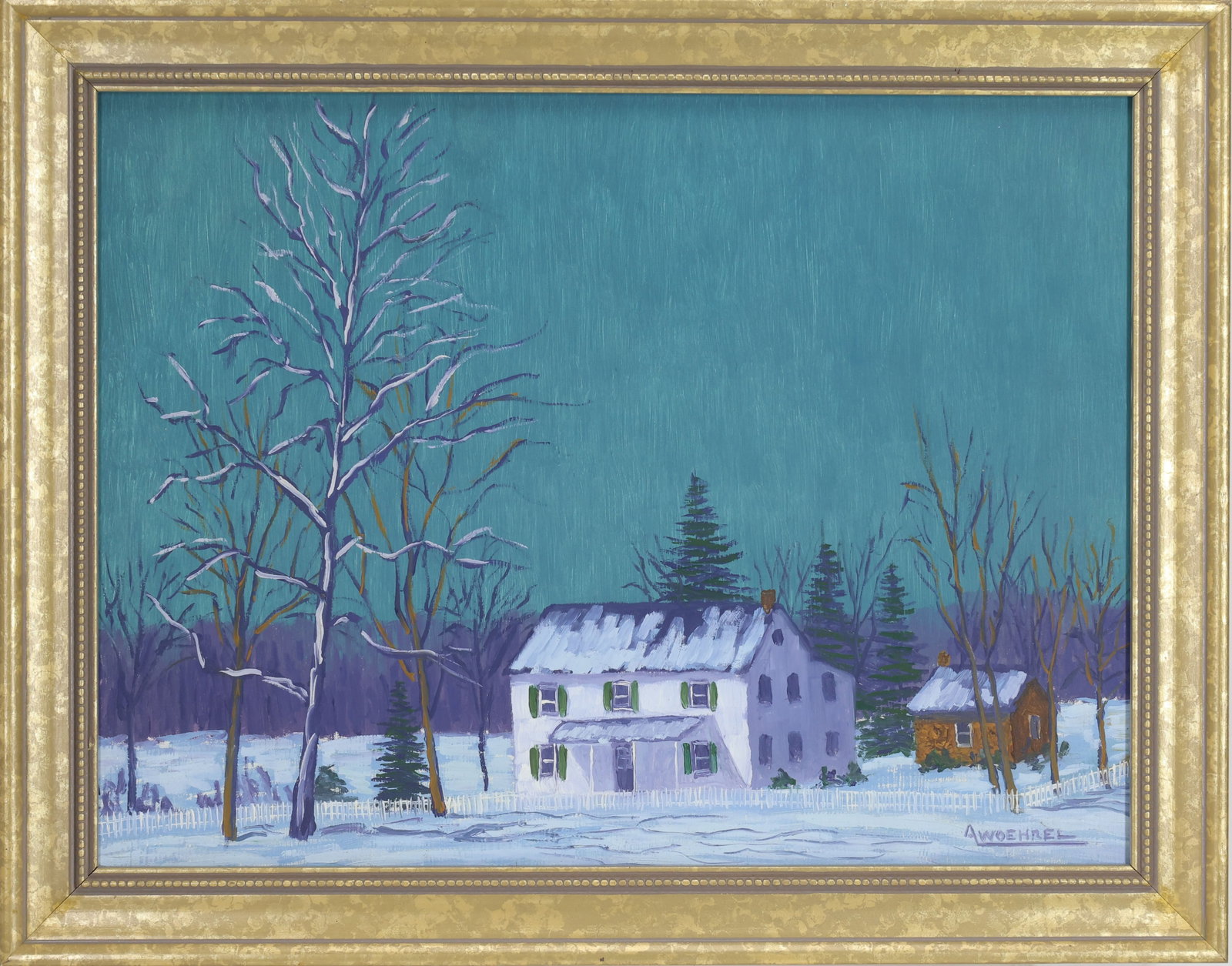 Andrew Woehrel (Born 1958): Oil on board, SLR. Winter landscape with farmhouse, outbuildings, and bare trees. 12"h x 16"w and 14.5"h x 18.5"w framed