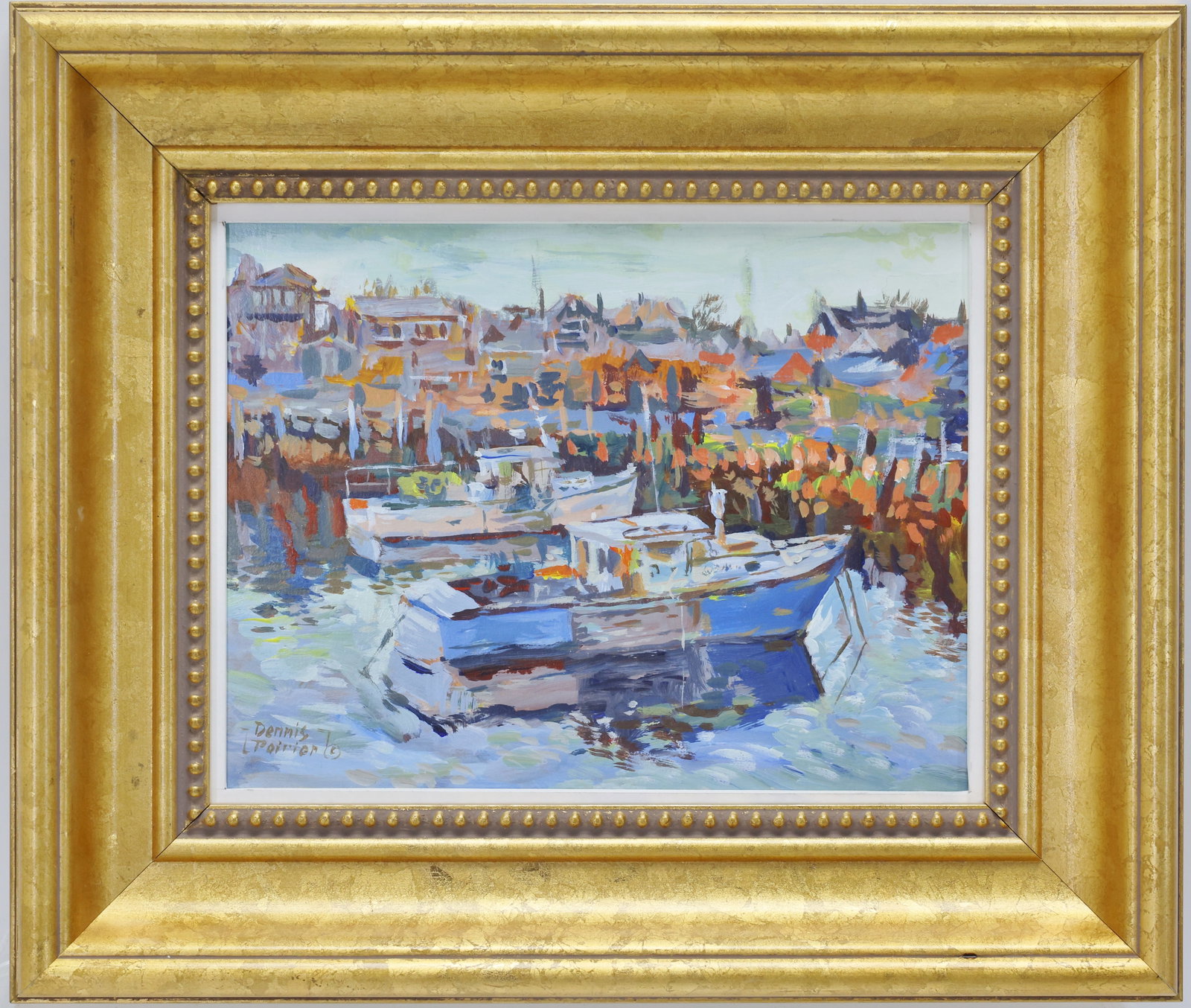 Dennis Poirier (b. 1954): Oil on board, "Sunset, Rockport Harbor", SLL. Impressionist harbor scene with docked fishing boats and village in the distance. 6.75"h x 8.25"w and 10"h x 11.75"w framed. From the Estate of George R.