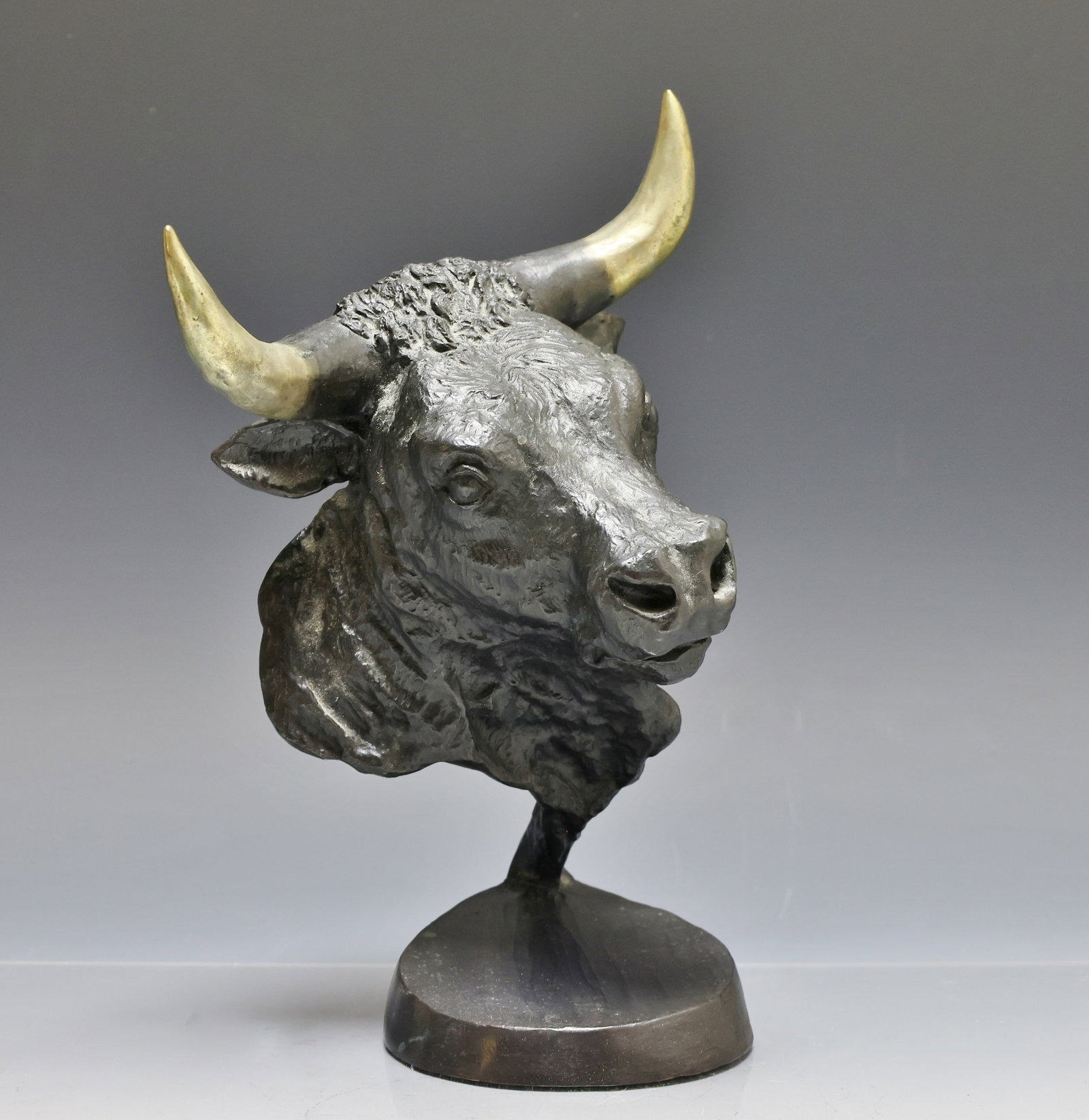 Mark Hopkins (B. 1965): Bronze sculpture, "Bull's Dominion", depicting a bust of a bull. Impressed signature to the base, dated 1996, numbered 226/950. 10.25"h x 7.25"w x 5"d