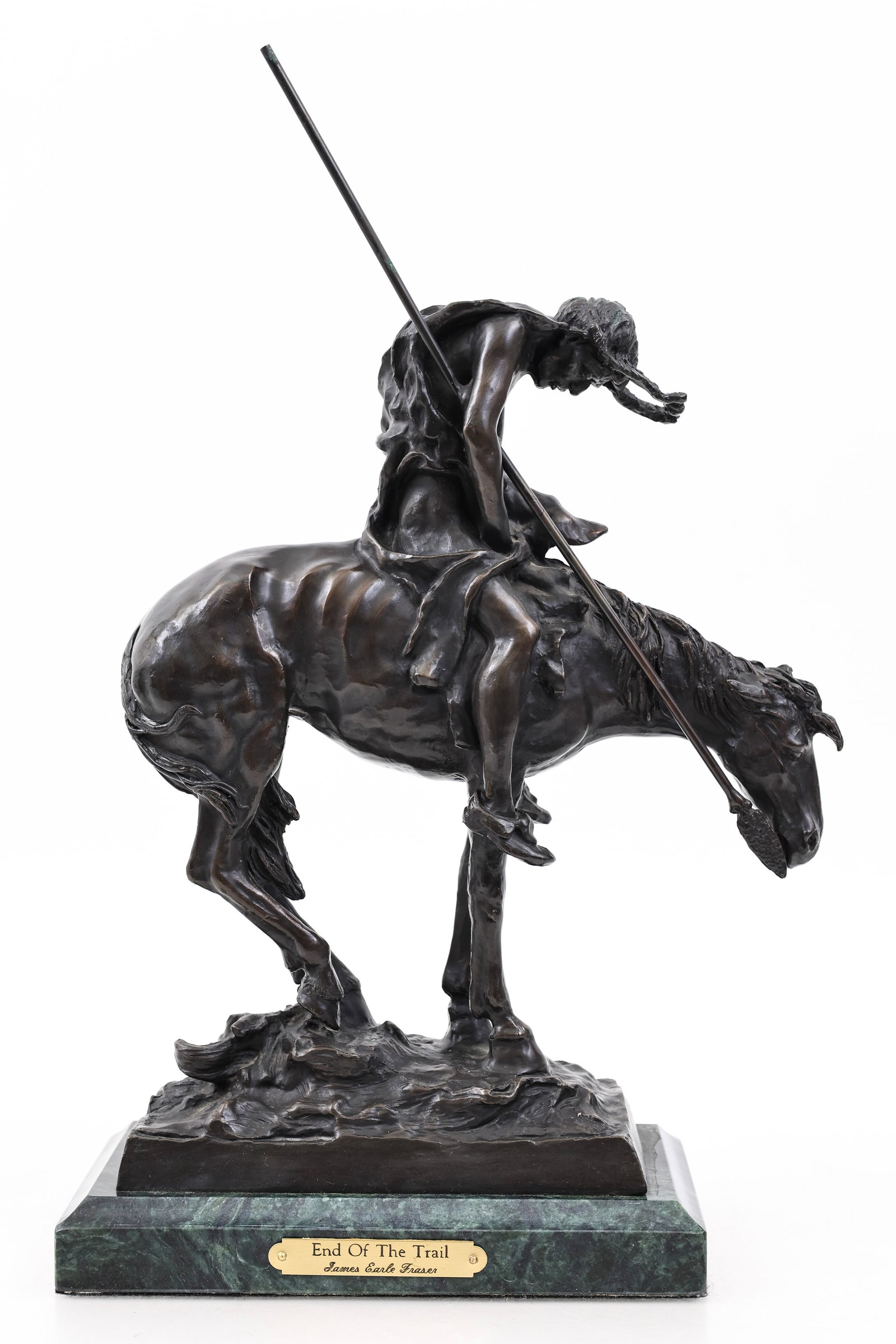 After James Earle Fraser (1876 - 1953): Bronze sculpture, "The End of the Trail", depicting an exhausted Native American man on horseback, mounted to a marble stand. Impressed signature to the base. 17.25"h x 10.5"w x 5"d