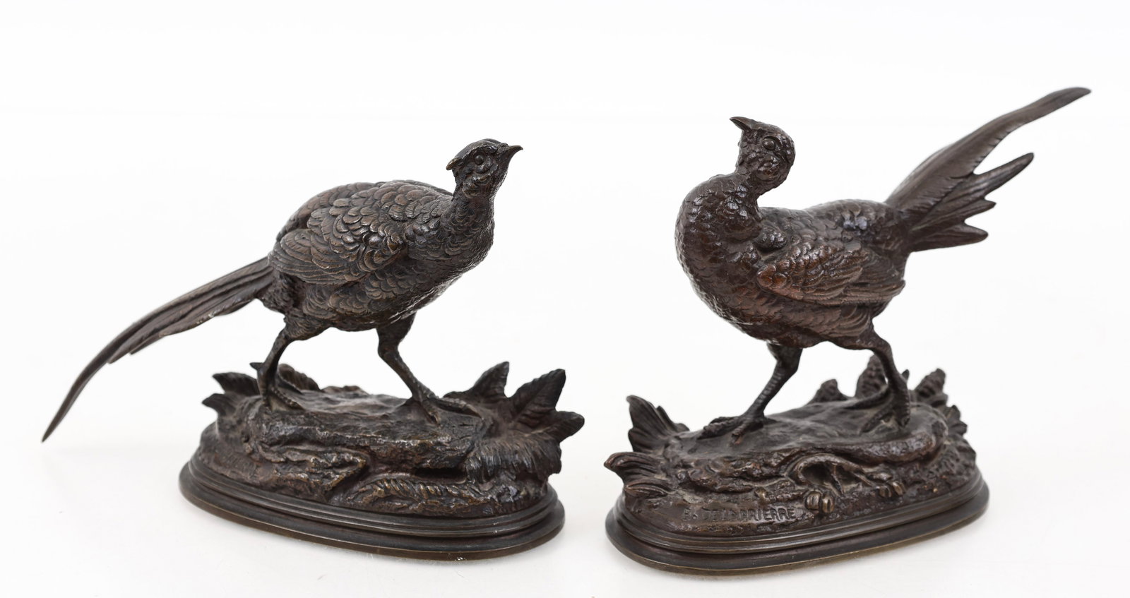 Paul Edouard Delabrierre (1829 - 1912): Bronze sculptures, a pair of pheasants, each with an impressed signature to the base. (2) pieces. 4.75”h x 2.5”w x 6.75”d, and 4.5”h x 2.5”w x 6.25”d