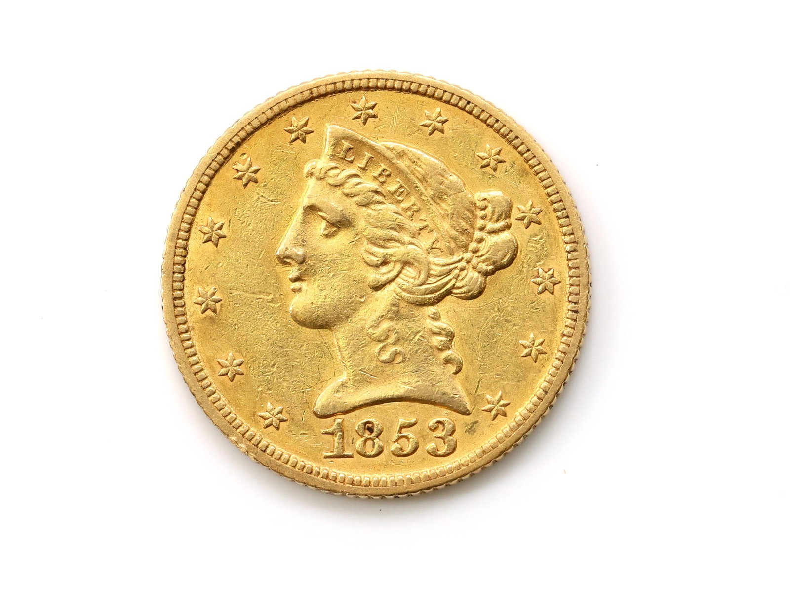 1853 Liberty Head $5 Gold Coin, No Motto. (1 of 2)