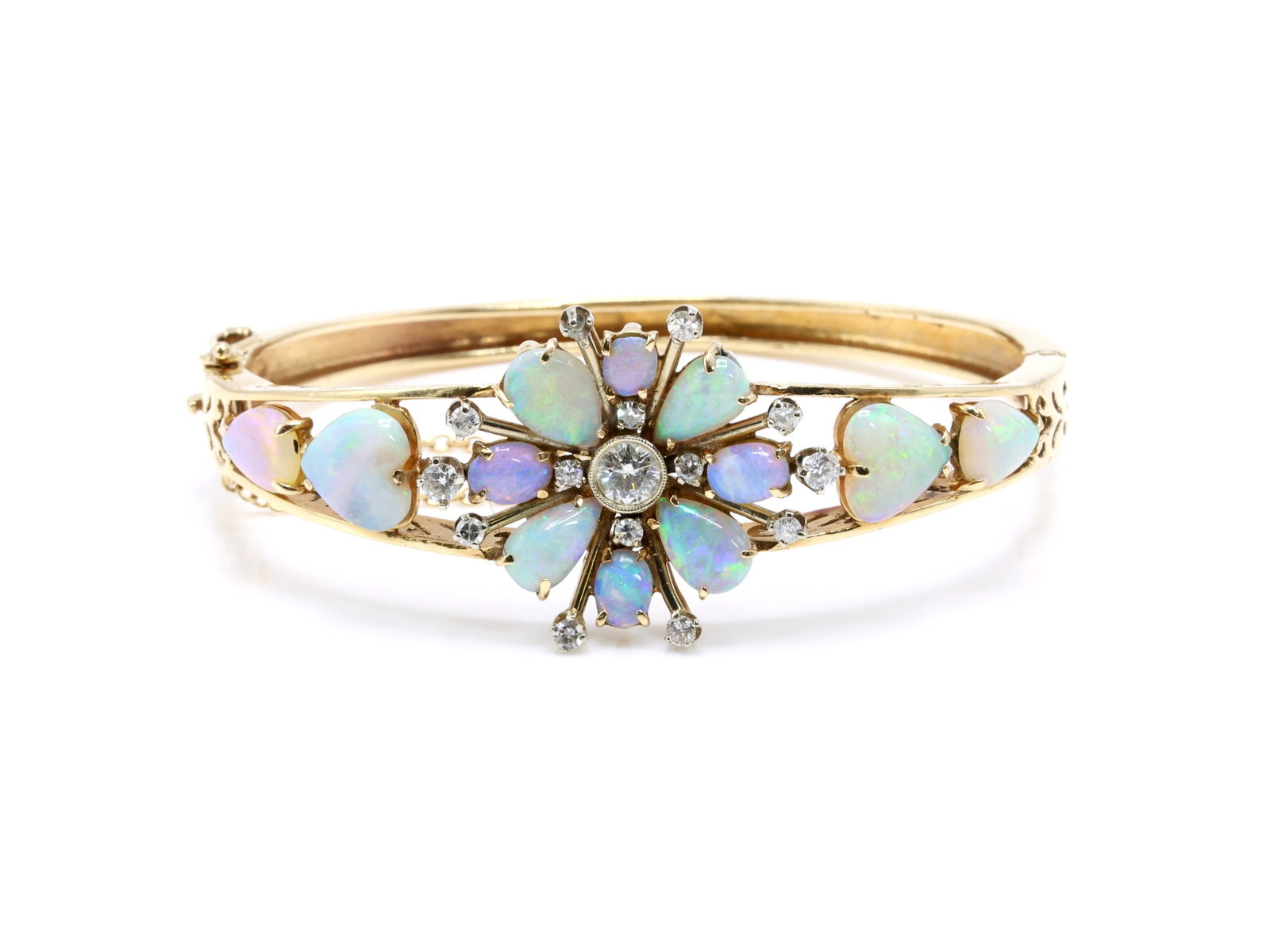 14k Opal Diamond Bracelet: 14k yellow gold flower style bangle bracelet set with one round diamond approximately .38 carat and fourteen round diamonds totaling approximately .38 carat, G color, VS clarity, further set with