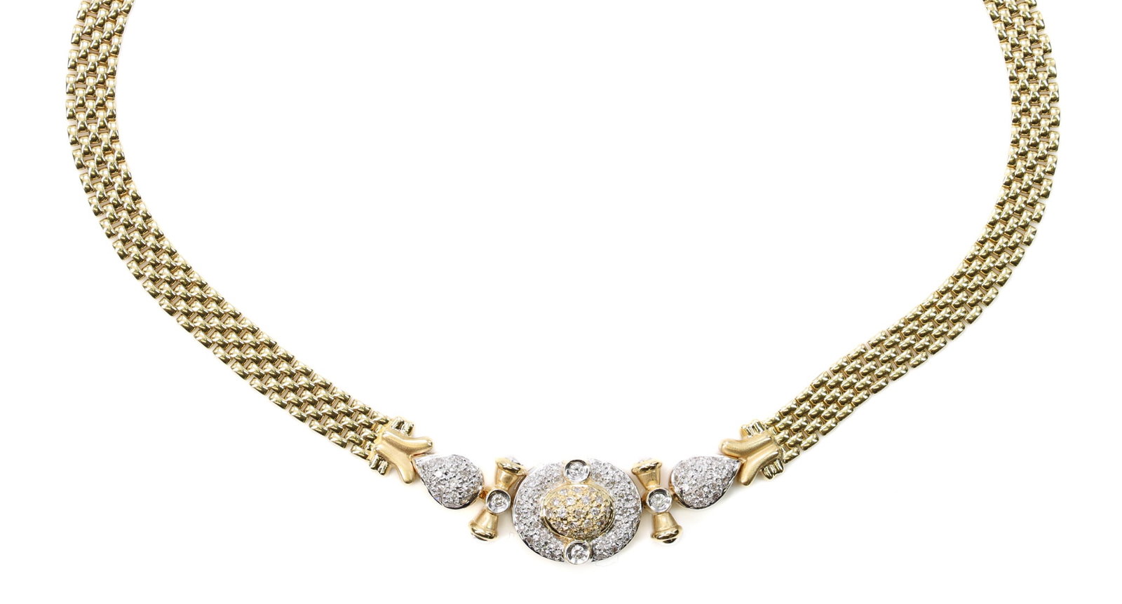 18k WG/YG Diamond Necklace: 18k yellow and white gold mesh style necklace set with (85) round brilliant cut diamonds totaling approximately 0.89ct, color I, clarity I1, including circular and pear shape pave elements, 15.5"