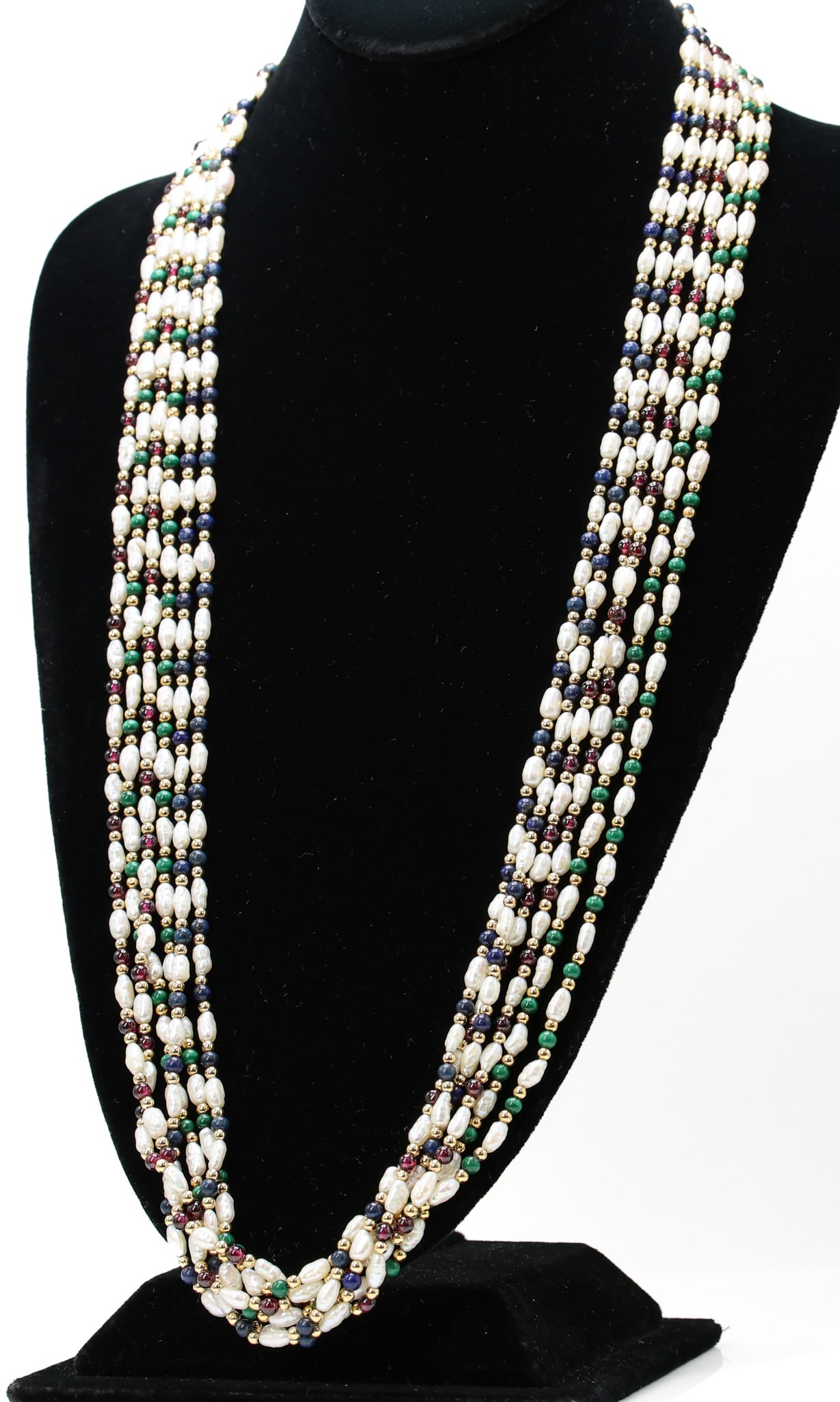 14k YG Pearl Necklace: 14k yellow gold freshwater pearl and semi-precious beaded multi-strand necklace, 32".