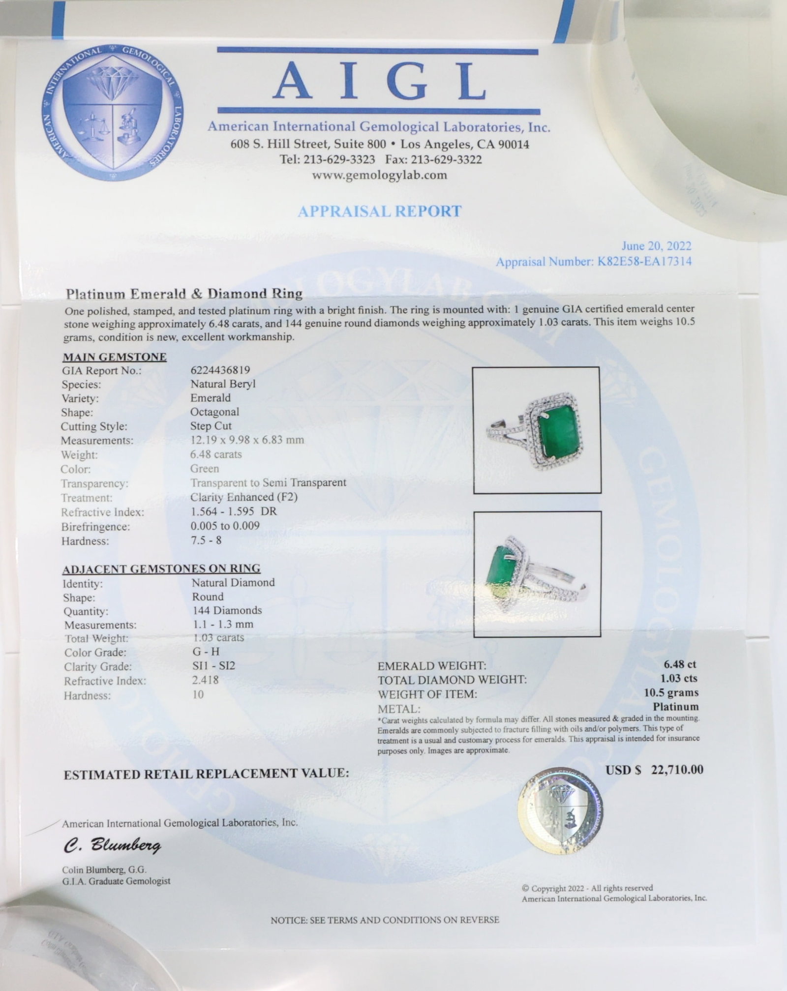 Platinum Emerald Diamond Ring - 8