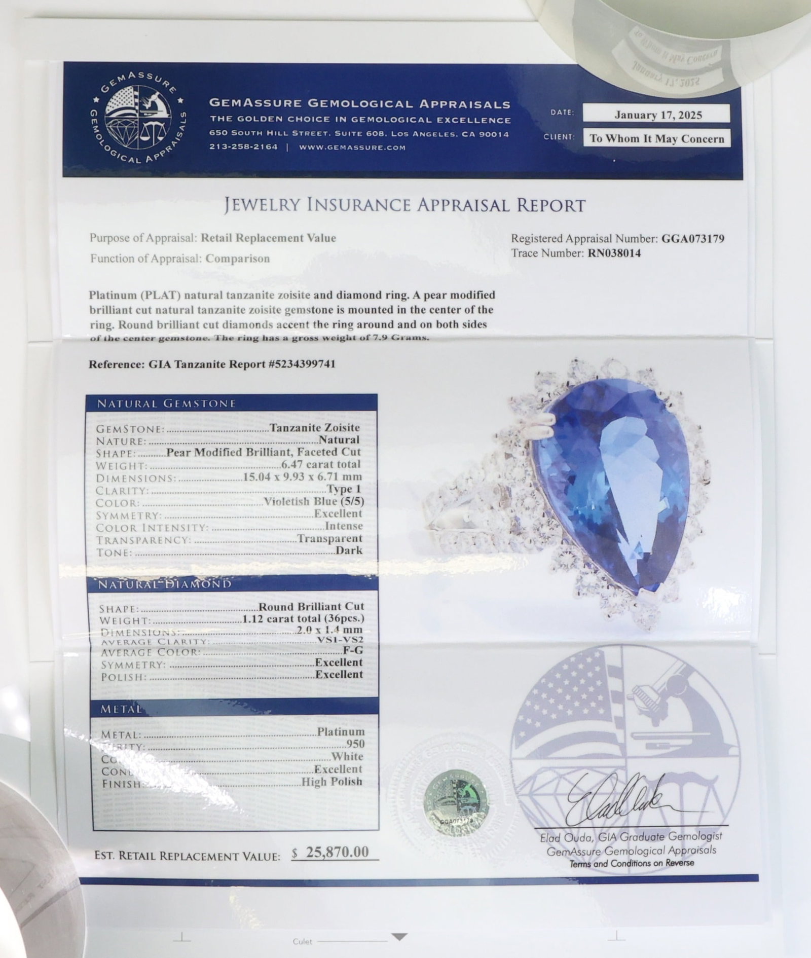 Platinum Tanzanite Diamond Ring - 8