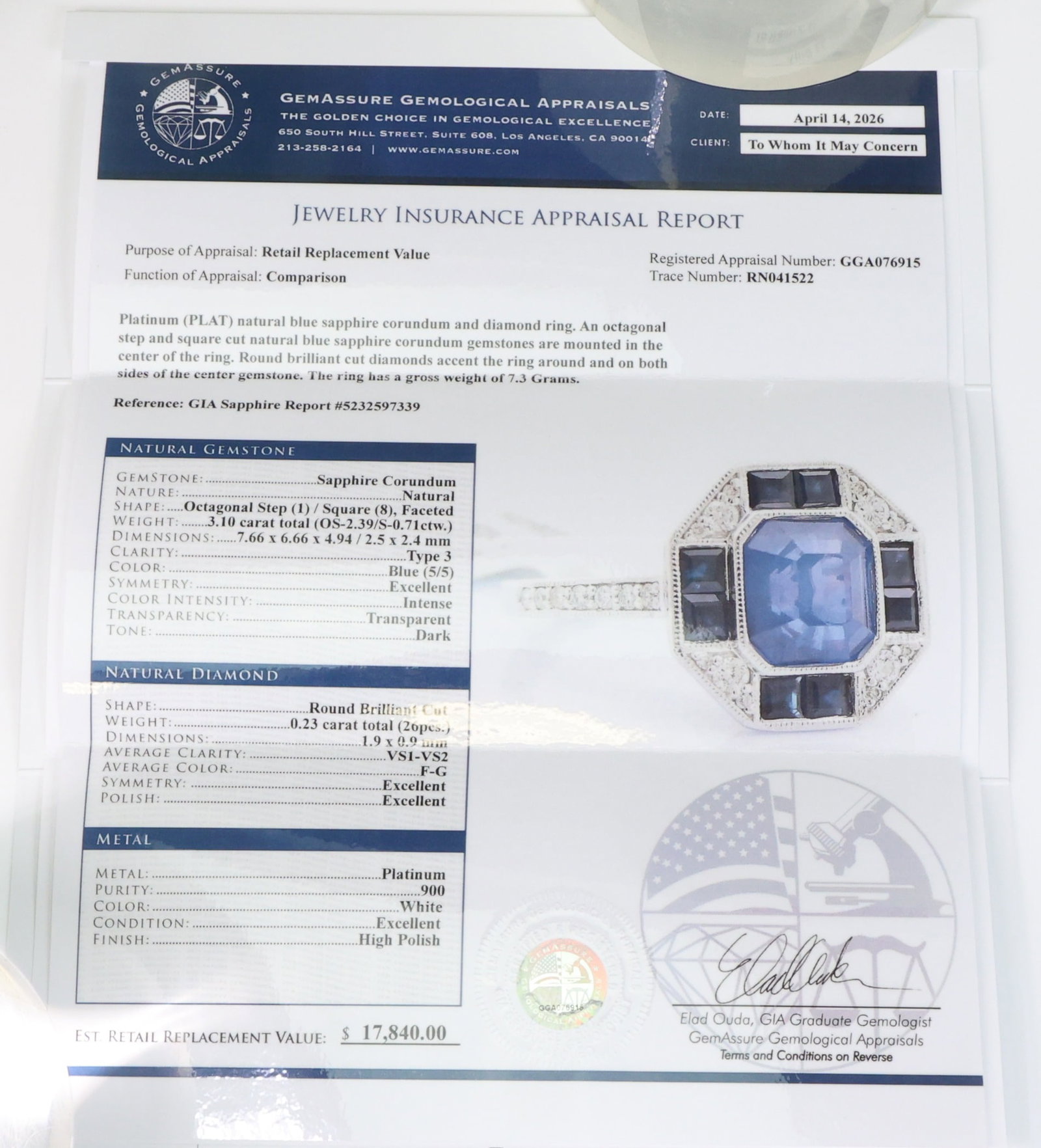 Platinum Sapphire Diamond Ring - 9