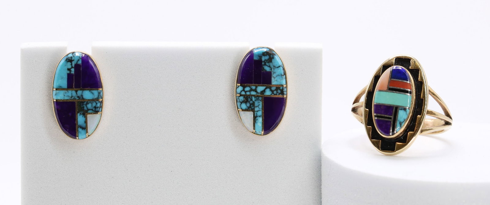 14k YG Zuni Suite: 14k yellow gold Zuni jewelry suite with inlaid multi-stone ring, size 7, .75", and matching earrings, .7", 8.0dwt.