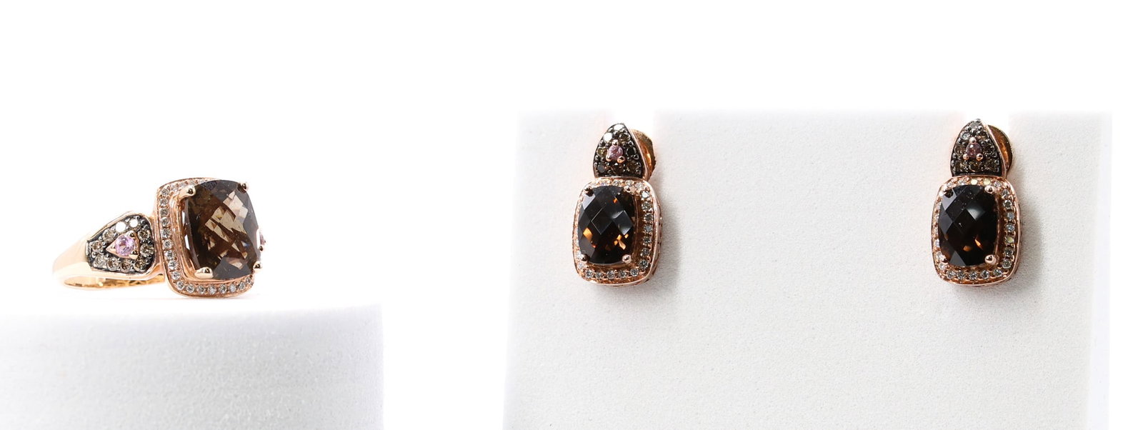 Le Vian 14K RG Suite: Le Vian 14k rose gold smoky quartz jewelry suite including ring set with faceted smoky quartz, diamond accents, and pink sapphires, size 6.75, with matching earrings, 17mm, 6.9dwt.