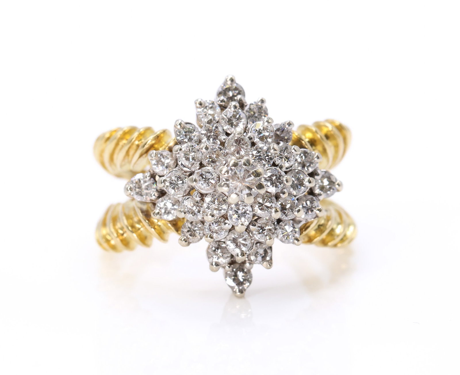 14k YG Diamond Ring, add carat weight: 14k yellow gold diamond cluster ring with ribbed split shank, size 7.5, 8.3dwt.