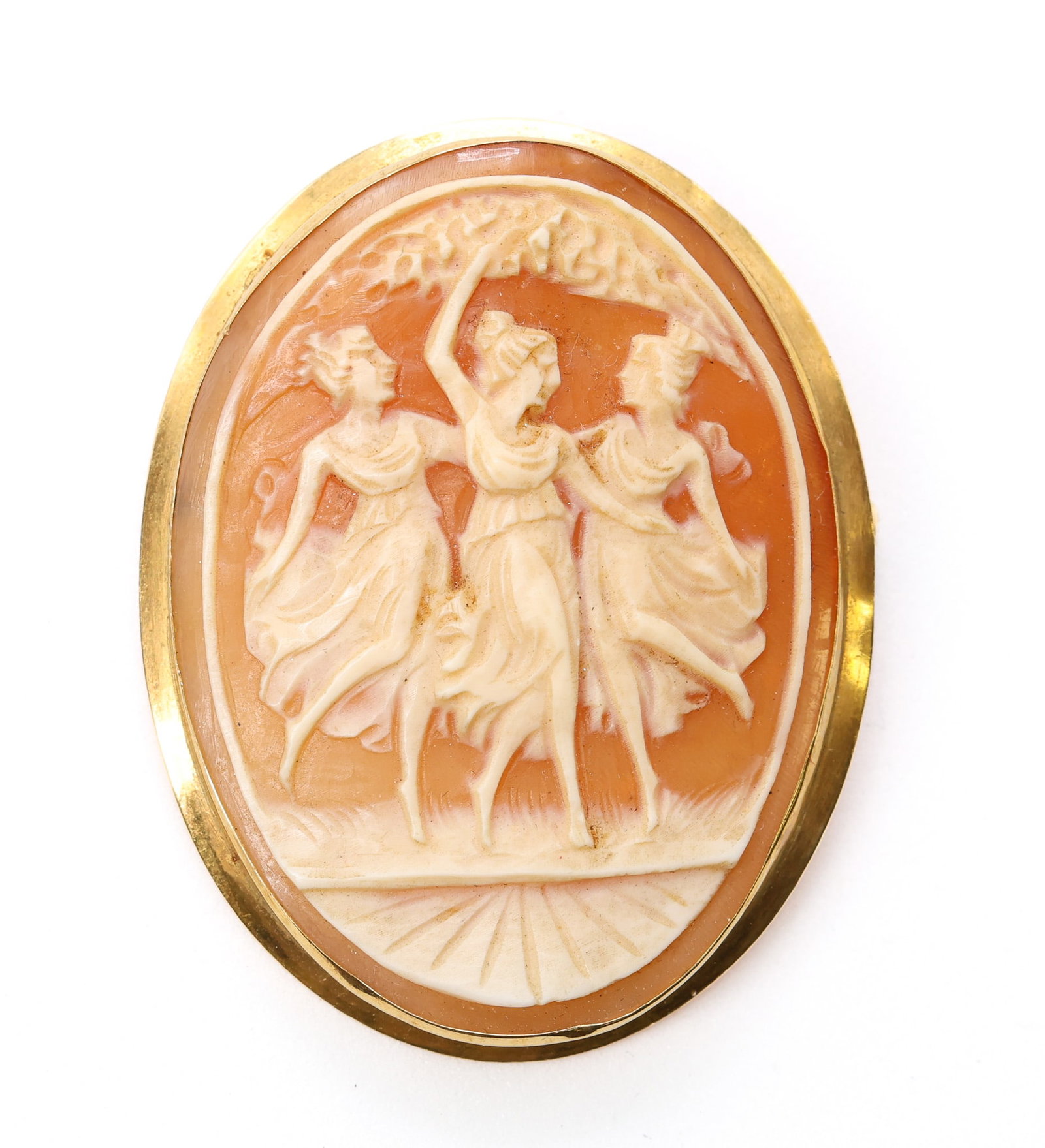 18k YG Cameo: 18k yellow gold carved shell cameo brooch depicting The Three Graces, 1.7" and 4.1dwt.