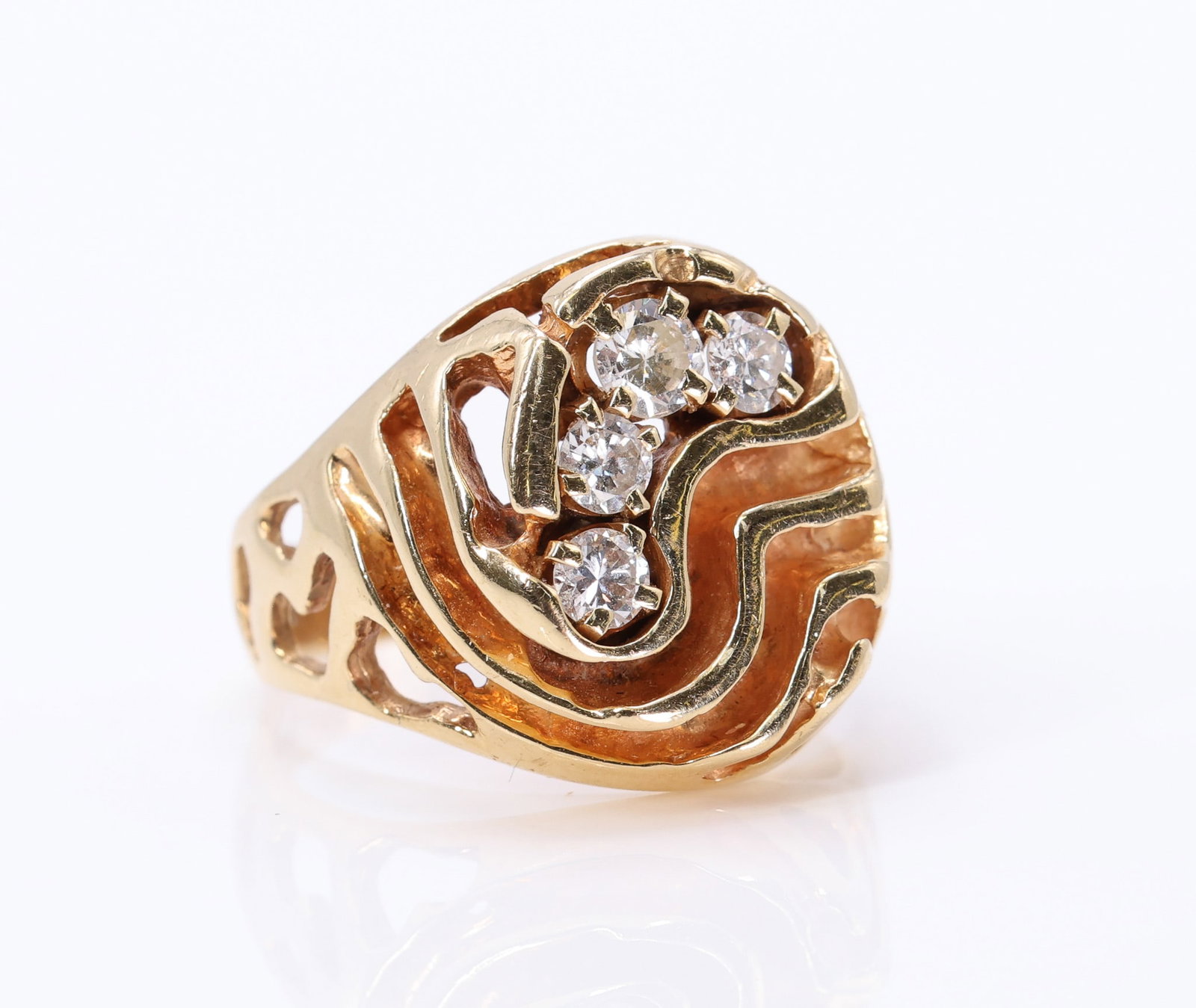 14k YG Diamond Ring: 14k yellow gold ring set with (4) round brilliant cut diamonds, approximately .60ctw, openwork design, size 9.5, 7.0dwt.