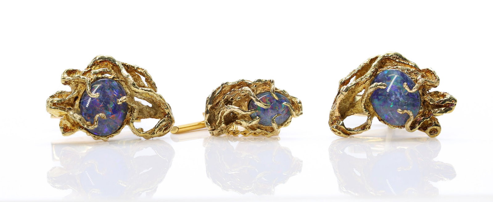 14k YG Opal Cufflinks and Tie Tack: 14k yellow gold cufflinks and tie tack set with oval opals in freeform settings, cufflinks 1", tie tack .75", total 13.7dwt not including gold filled chain.