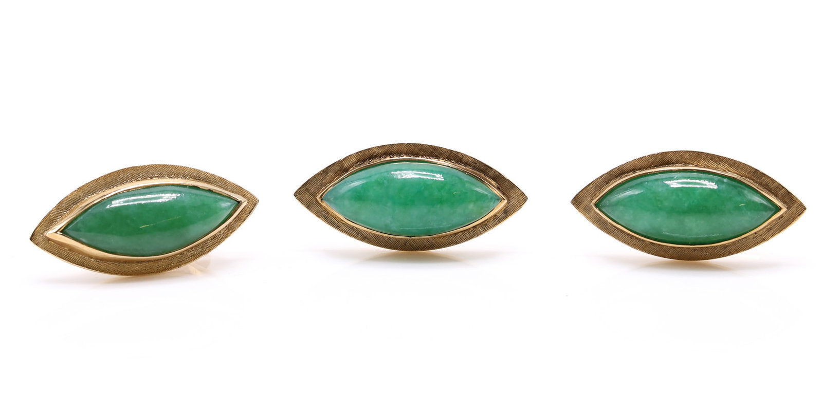 14k YG Jade Cufflinks and Tie Tack: 14k yellow gold cufflinks and tie tack set with marquise shape jade cabochons, hallmarked KBJC 14k, 1.1" and 13.5dwt.