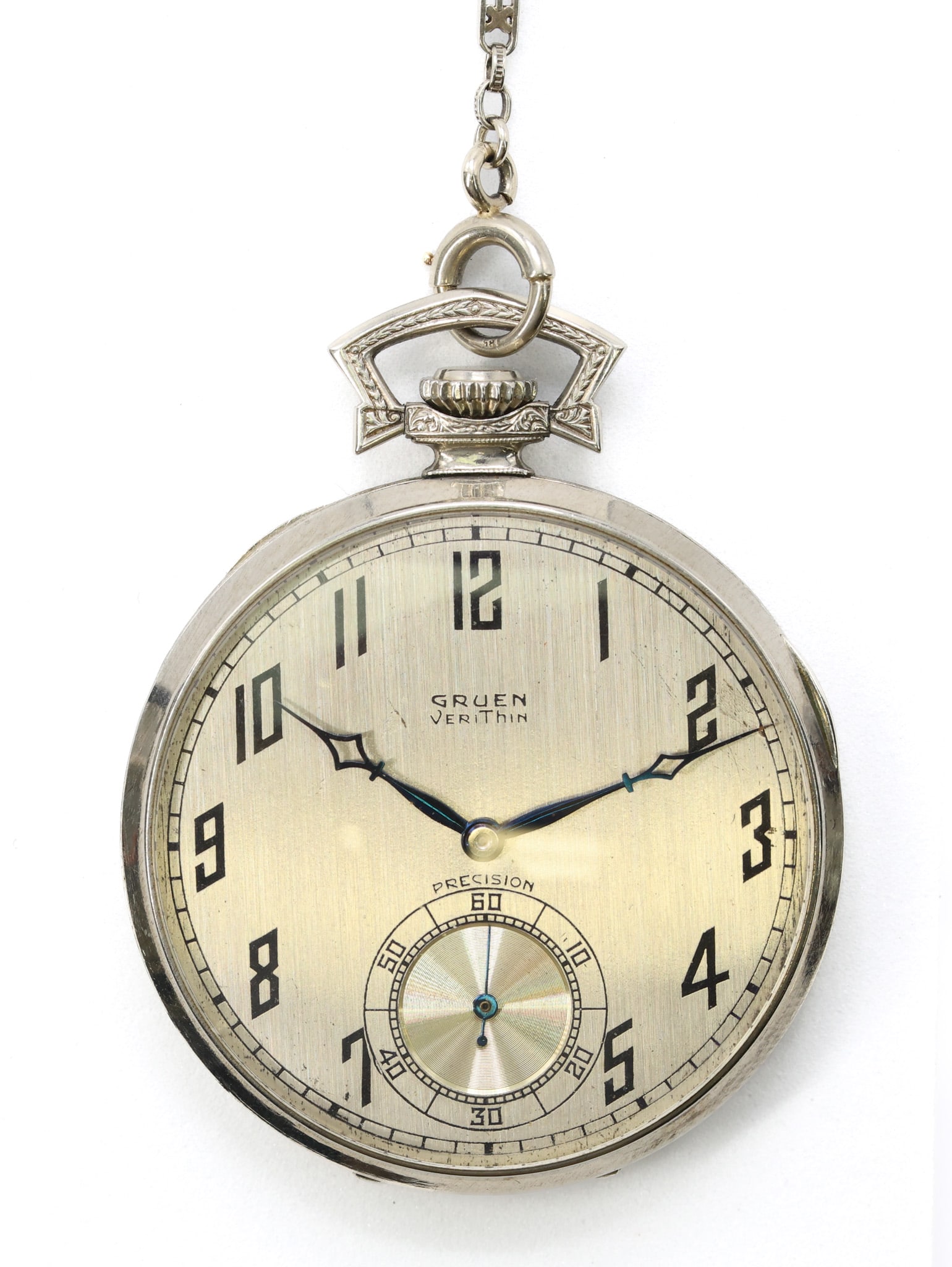 14k/18k Gruen Pocket Watch and Pen Knife: Gruen Veri-Thin gold filled open face pocket watch with 18k gold fob chain, 4.4dwt, and 14k gold pen knife with engraved decoration, 19.3dwt.