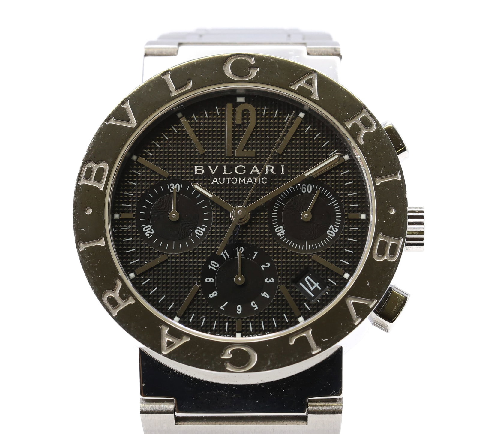 Bulgari Automatic Chronograph Wristwatch: Bulgari BB38SLCH stainless steel automatic chronograph wristwatch with black dial and leather strap, 38mm. Certified by Chronotek, Inc. Souderton, Pa.
