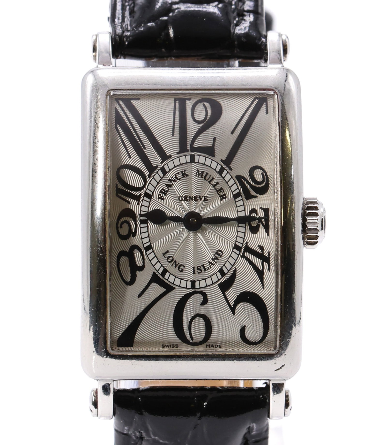 Franck Muller Long Island 902QZD 1R SS Wristwatch: Franck Muller Long Island 902QZD 1R stainless steel quartz wristwatch with silver dial, sapphire crystal, leather bracelet,, 32.5mm x 23mm. Currently running, did not pass pressure test.
