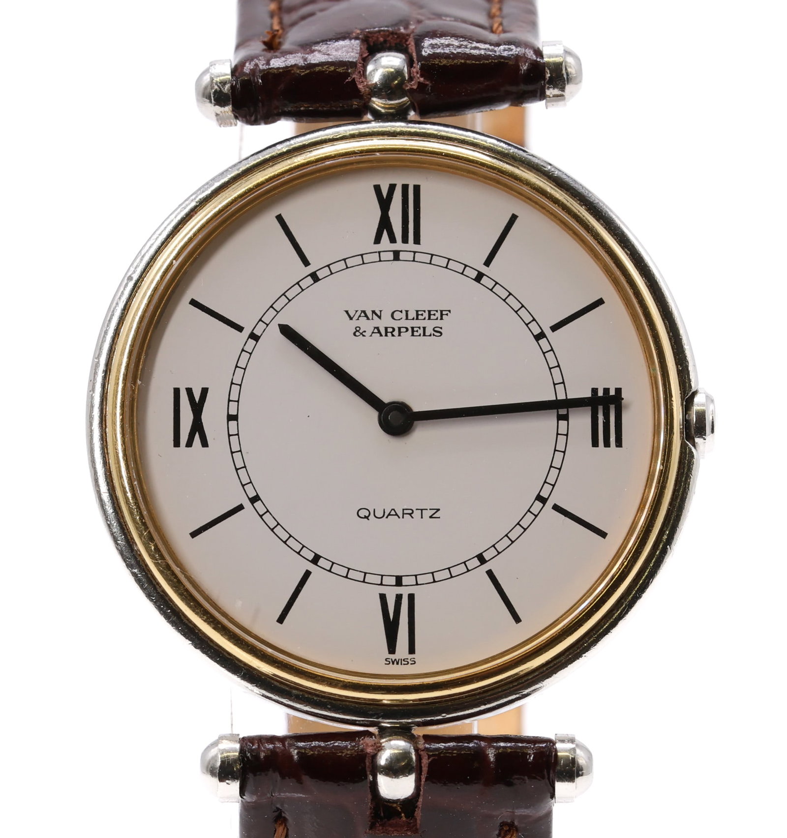 Van Cleef & Arpels 45104 SS Wristwatch: Van Cleef & Arpels 45104 stainless steel and 18k gold quartz wristwatch with white dial, 7-jewel quartz movement, signed case, dial, movement, and buckle, endangered species strap with stainless