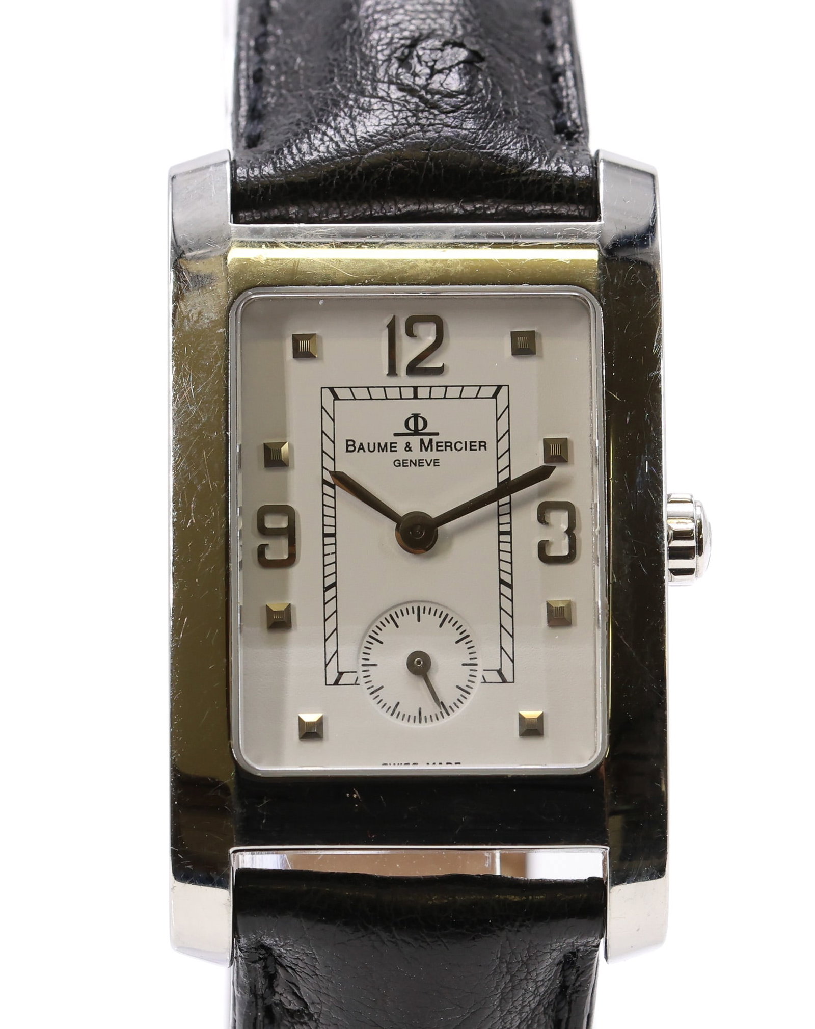 Baume & Mercier Hampton MV045063 SS Wristwatch: Baume & Mercier Hampton MV045063 stainless steel quartz wristwatch with white dial and leather bracelet, 24mm.