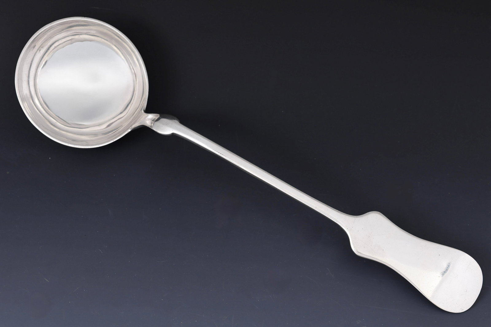 Austria-Hungary Silver Punch Ladle: Austro-Hungarian 800 silver fiddle tipt with shoulders punch ladle. Assayer's mark for Vienna (1867 - 1922), and partly illegible makers mark. 13". 7.6 ozt