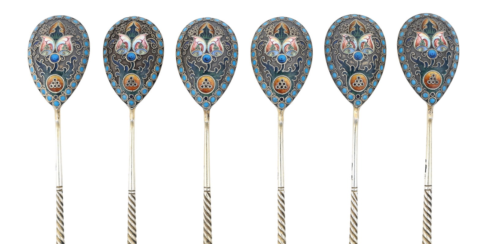 Nikolay Alekseyev Imperial Russian Enameled Silver Spoons: Imperial Russian 84 zolotnik (875 silver) set of cloisonne demitasse spoons with filigree wires and polychrome enameling featuring foliate and geometric motifs on a stippled surface, with gold wash