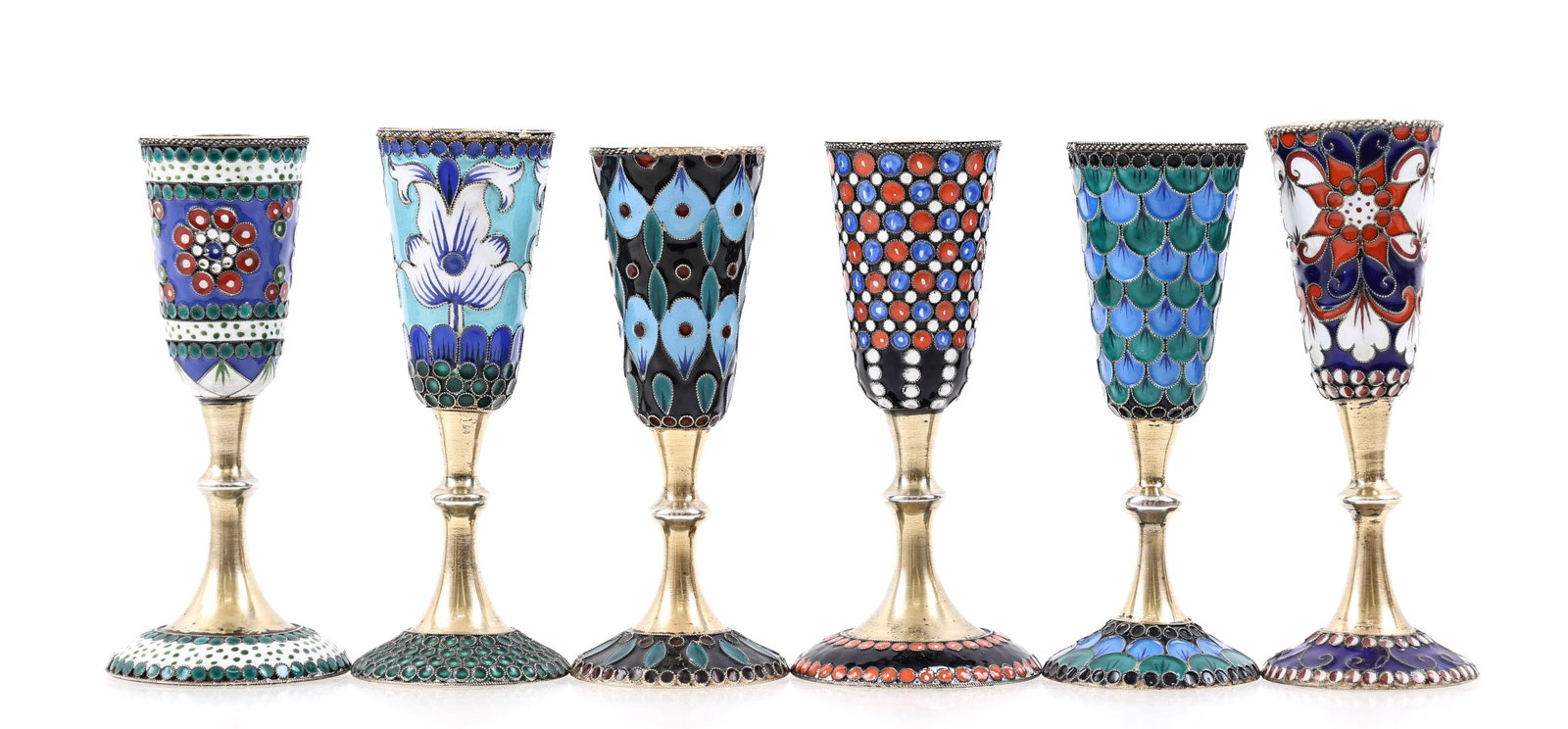 Soviet Russian Enameled Silver Cordials: Soviet era 916 silver set of cloisonne cordials with filigree wires and polychrome enameling featuring various floral, foliate, and geometric motifs and gold wash. Leningrad / St. Petersburg assay mar