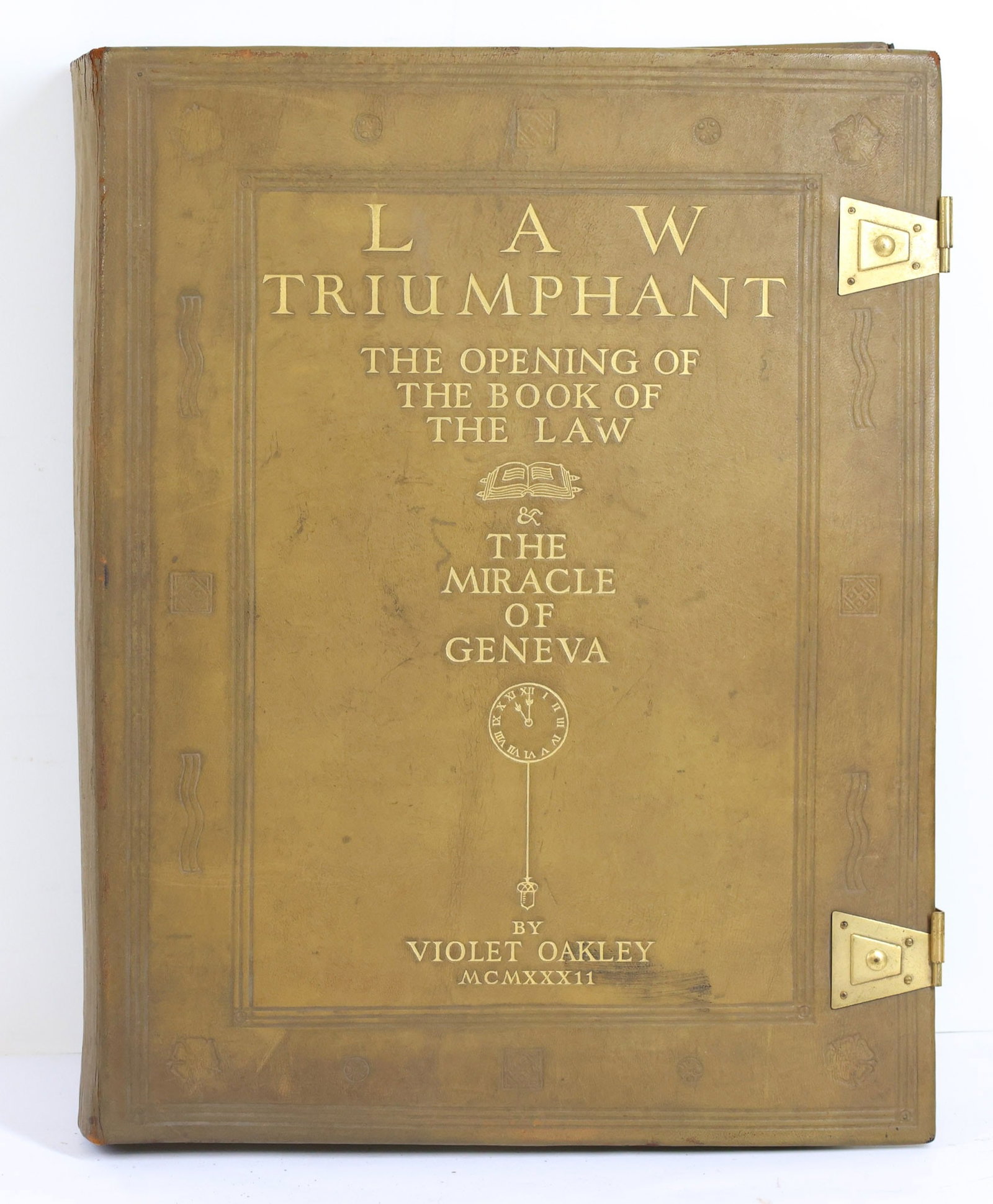 Violet Oakley Signed Folio: Folio titled "Law Triumphant Containing the Opening Book of the Law and the Miracle of Geneva". By Violet Oakley, privately printed by Violet Oakley, Philadelphia, 1932 Limited to 300 copies, this