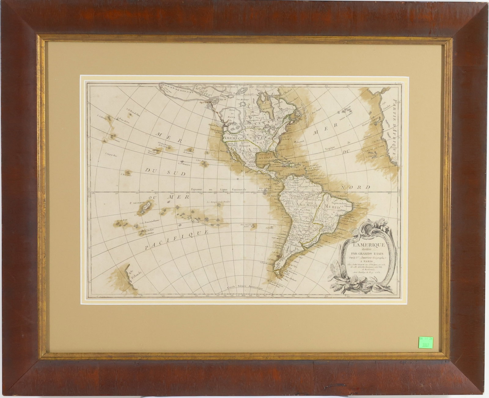 Eighteenth Century Map of the Americas: Map titled "L'Amerique Divisee par Grands Etats" by Jean Janvier (1745-1775) French cartographer and published by Jean Lattre, Paris 1762. Framed map is hand-colored and measures 12.5" x 18" and is