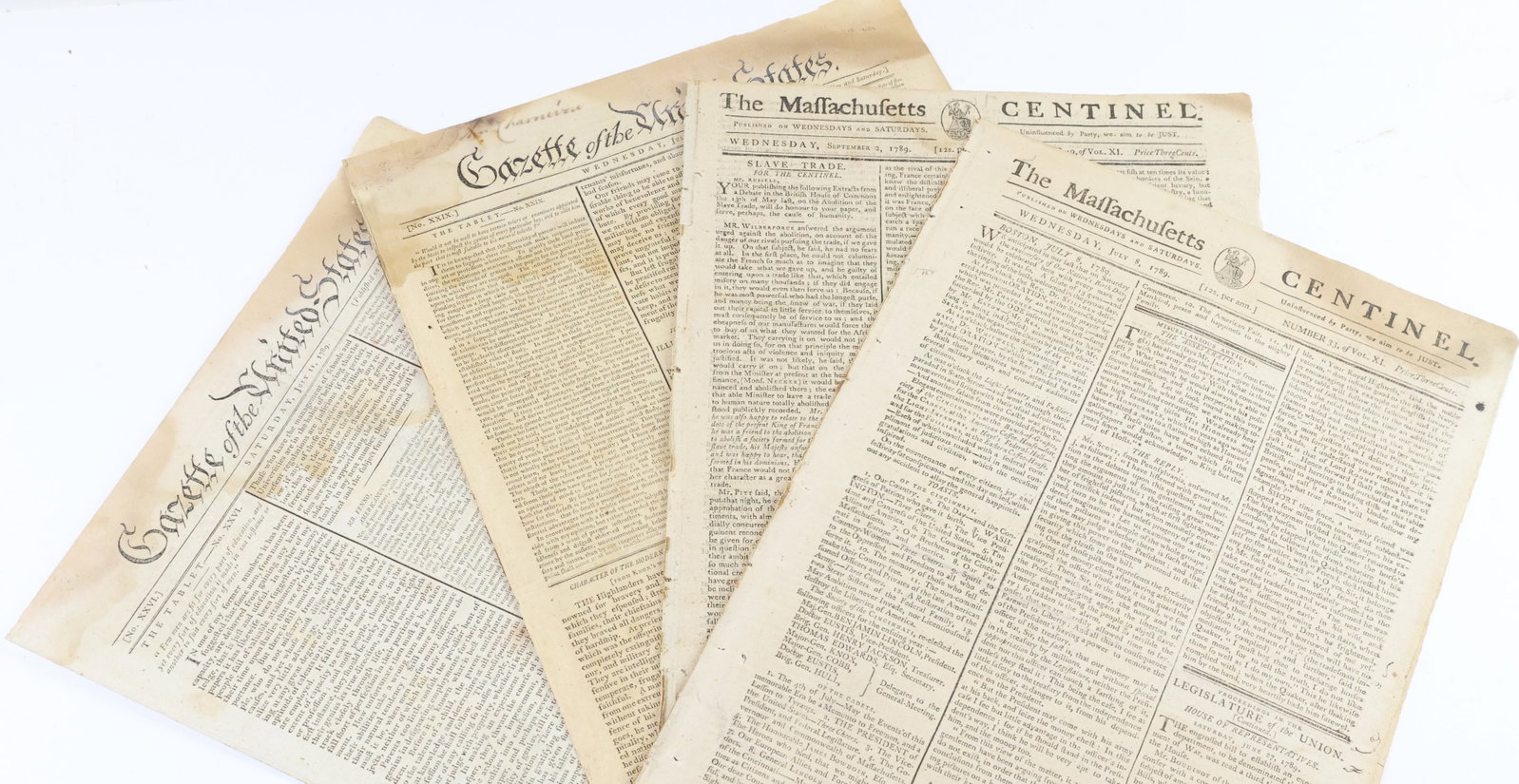 Early American Newspapers: Collection of eleven 18th century American newspapers including; 1.) Gazette of the United States, July 29, 1789 issue, 2pp (1-leaf) measuring 16.25" x 10.25", 2.) Gazette of the United States,