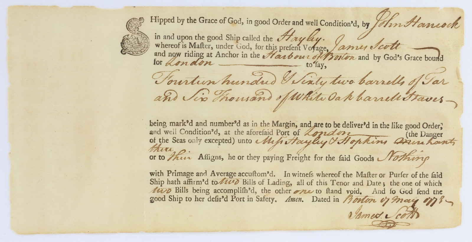 American Colonial Shipping Document-John Hancock's Ship (1 of 5)