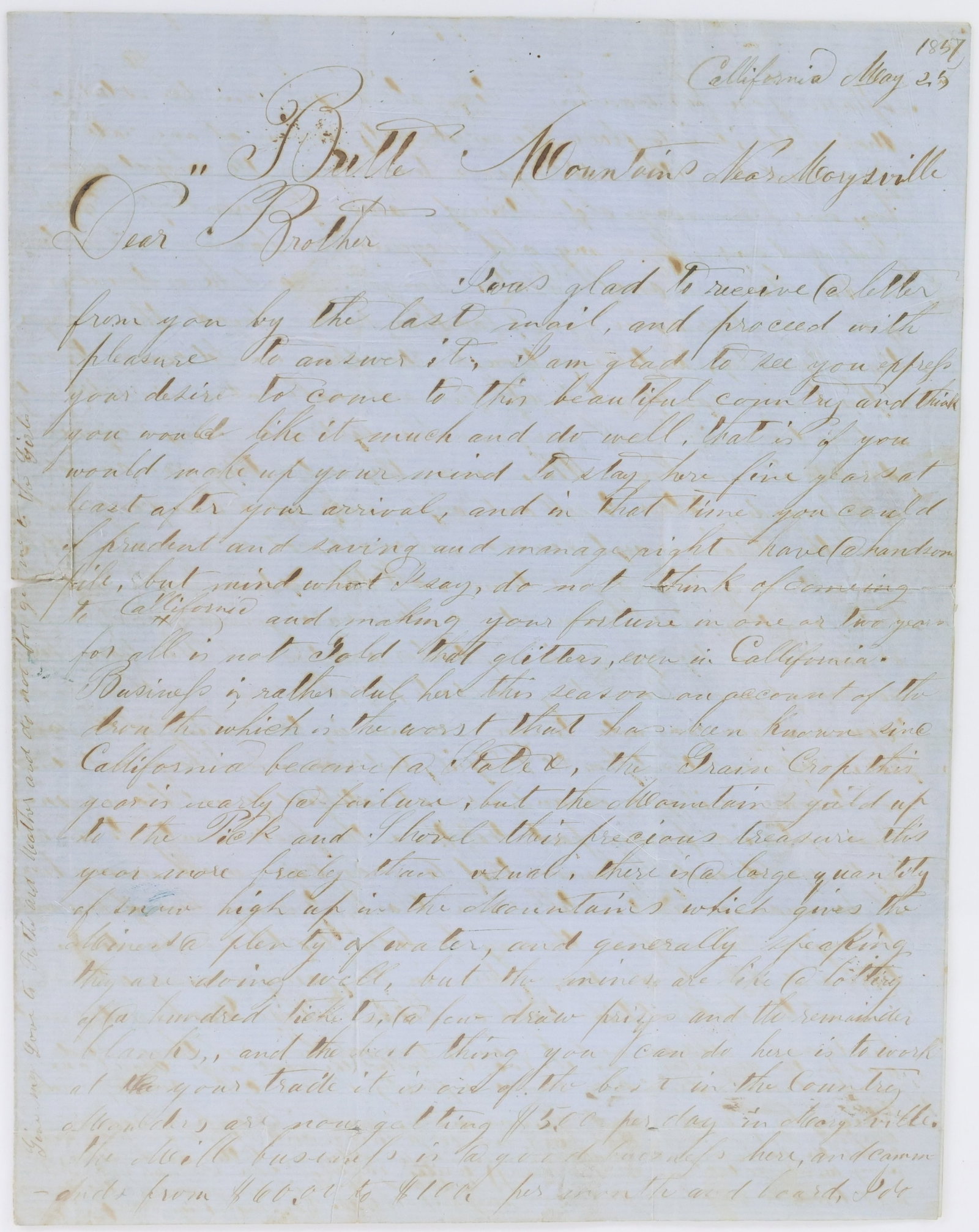 California Illustrated Lettersheet-Gold Mining Letter: A 2pp letter on a 1855 pictorial lettersheet titled "Hutchings' California Scenes - Methods of Mining". Sheet was published by J.M. Hutchings from illustrations by Charles Christian Nahl and engraved 
