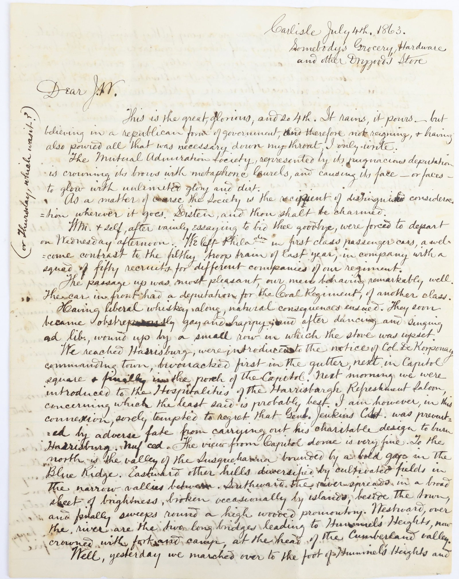 Civil War Letter Describing Actions At Carlisle, Pennsylvania During the Gettysburg Campaign (1 of 7)