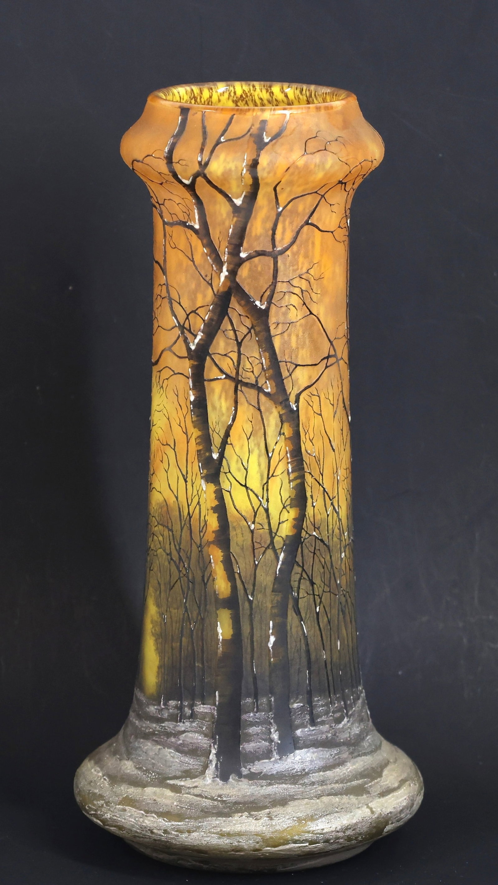 Daum Enameled Cameo Glass Vase: French Art Nouveau cameo glass vase, "Paysage d'Hiver / Winter Landscape" , acid etched and enameled scene of trees in winter at sunset. Marked Daum Nancy with the Cross of Lorraine to the foot.
