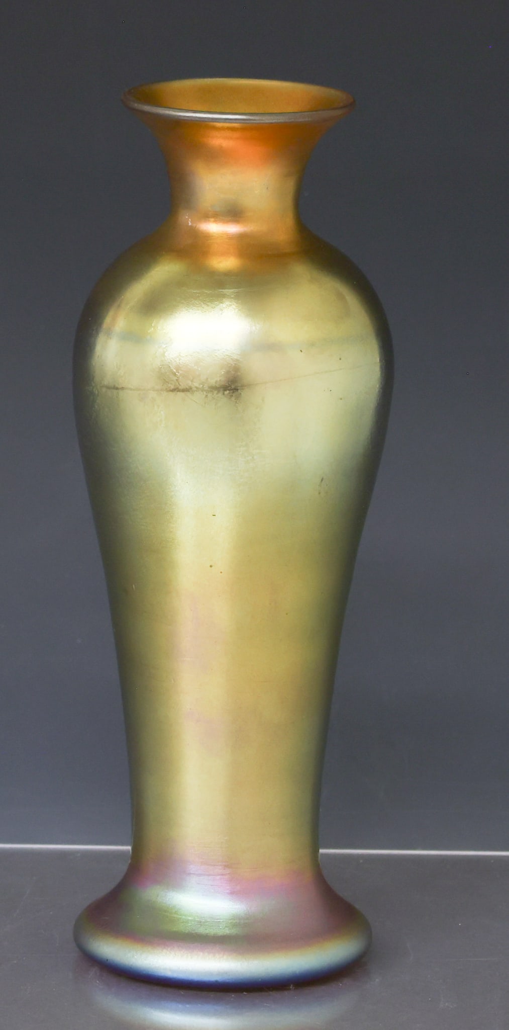 Durand Gold Lustre Glass Vase: Iridescent baluster vase with flared rim. Etched "Durand 1707" to the foot. 9"h x 3"w