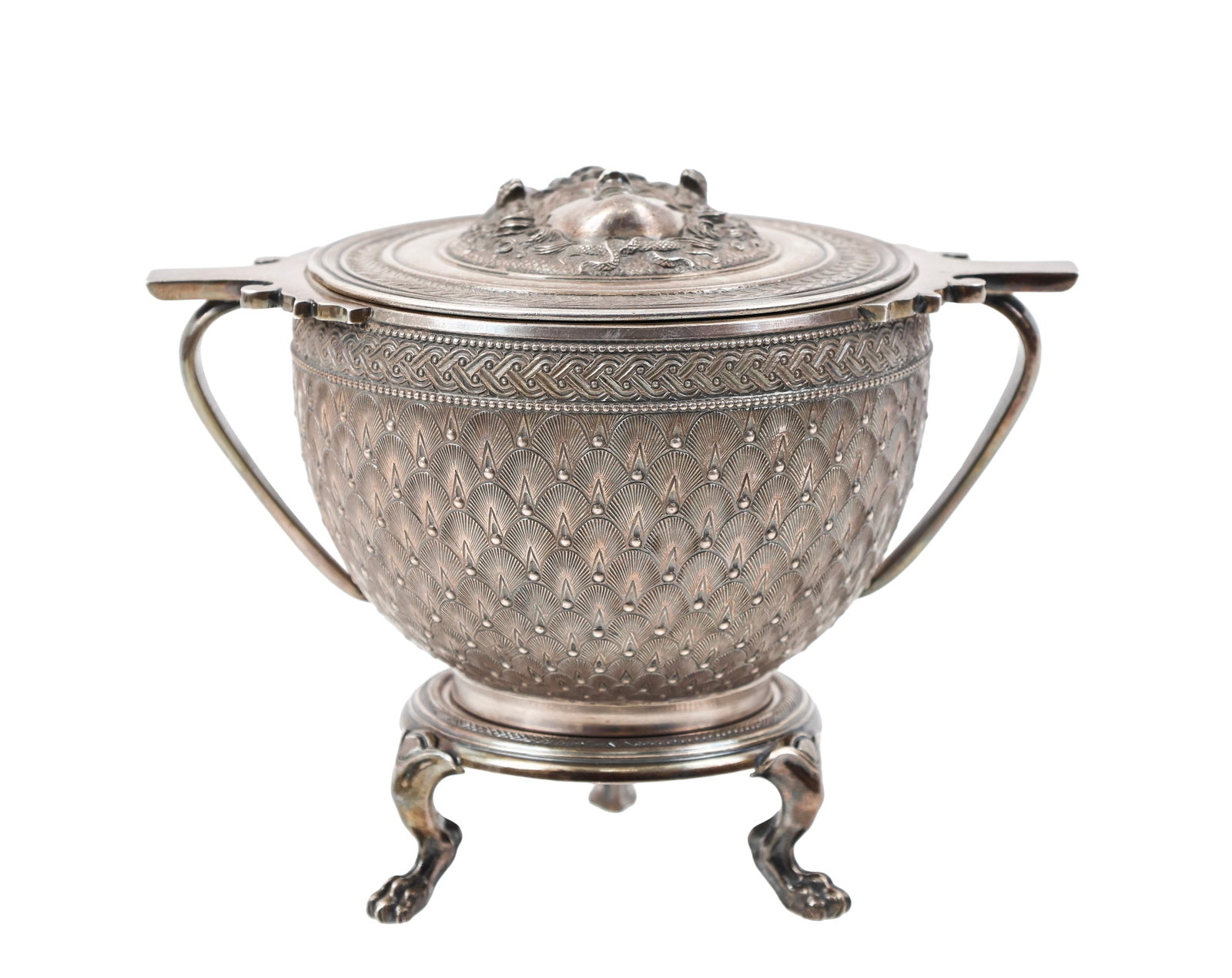 Giacinto Melillo Grand Tour Urn: Italian silver plated covered urn with stand, after the antique from Pompeii in the Naples Museum, featuring a relief mask of Medusa, with chased laurel, palmette, Celtic braid, bead, and festoon