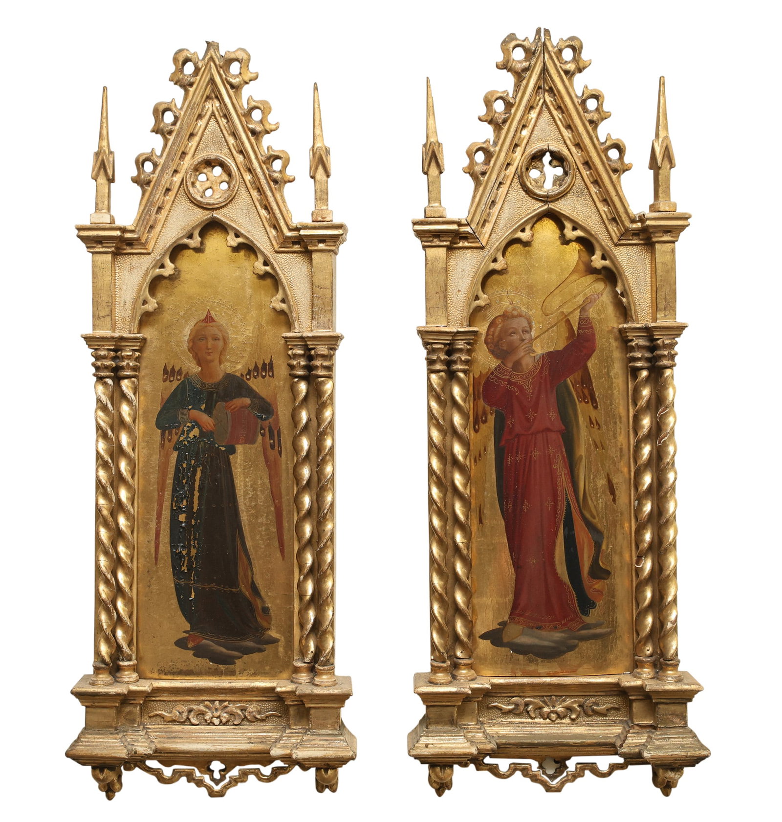 Grand Tour Religious Panels: 19th C. Italian tempera on gilt panels after details from Fra Angelico's "Tabernacle of the Linaioli", depicting angels playing musical instruments, mounted in Gothic Revival gilt gesso on wood