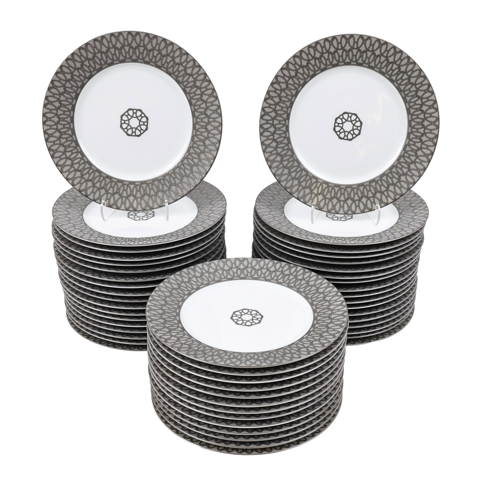 Hermes "Fil d'Argent" Porcelain Dessert Plates: French porcelain set of dessert plates, "Fil d'Argent" in gray. The plates feature a variety of different artisan marks. All in very good condition. (49) plates. 8.75"w