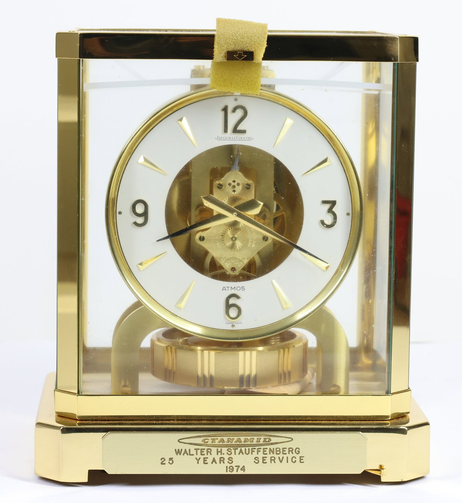 Jaeger-LeCoultre Atmos Clock: Atmos clock caliber 528-8, serial no. 411188, mid 1970's (the presentation nameplate is dated 1974), with an Arabic numeral dial. Never used; untested. 9.5"h x 8.25"w x 6.25"d