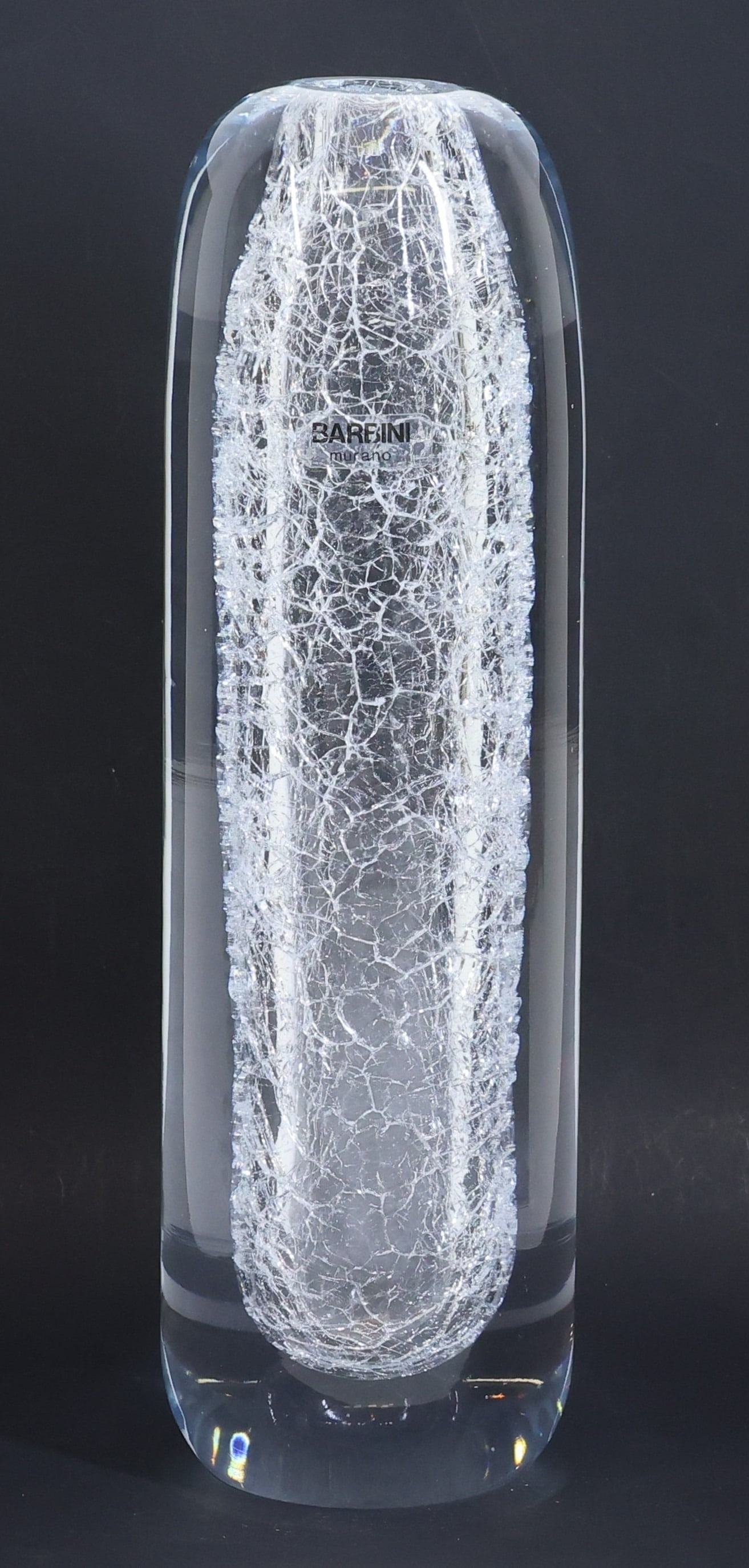 Barbini Murano Glass Vase: Italian blown glass cylindrical vase with crackle interior. Hand signed at the base, and labeled. 12"h x 3.25"w