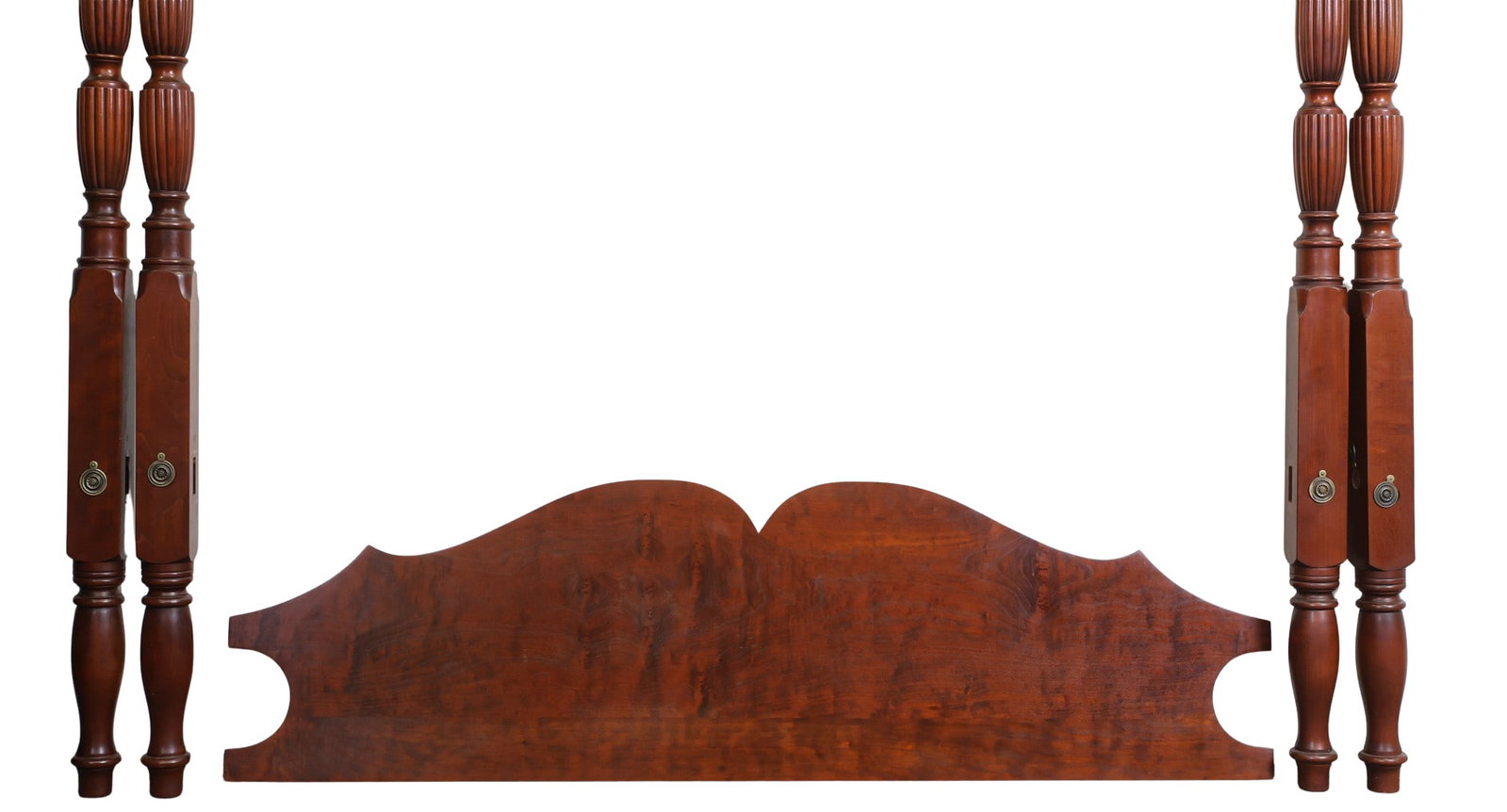 Eldred Wheeler Cherry Four Post Bed: Shaped headboard with two side boards and footboard, four reeded and turned bulbous posters with urn finials and canopy boards. Stamped signed with maker's mark on back of headboard. 88"h x 64"w x
