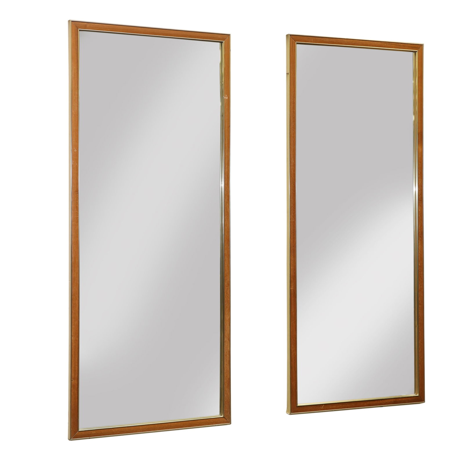 American of Martinsville "Dania II" Mirrors: No. 3106-8 walnut and brass twin mirrors. Stamped. Some scuffs, and minor damage to areas of the metal. (2) pieces. 46"h x 20"w