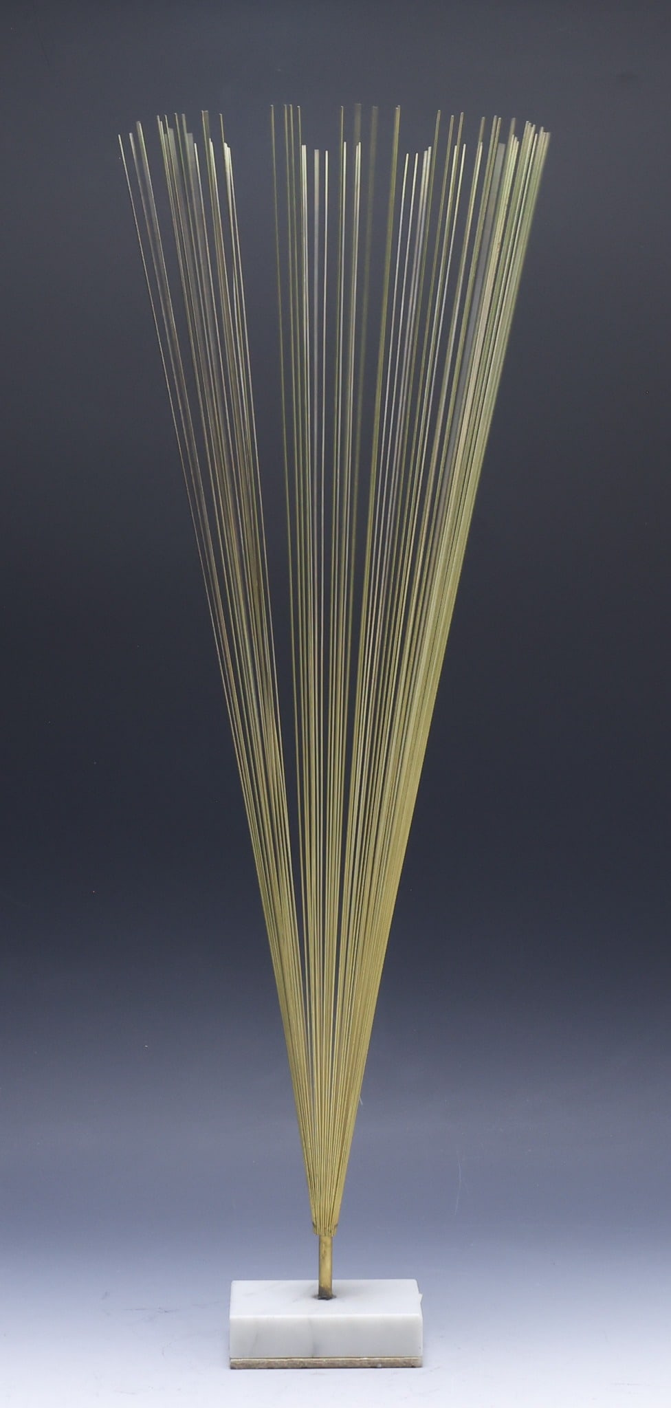 Sound Sculpture: Abstract sculpture inspired by Harry Bertoia, brass rods set in a faux marble base, unsigned. 23"h overall height, base 3.5"w x 2.5"w