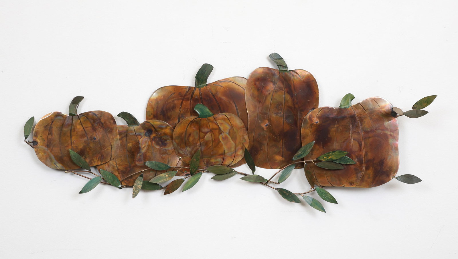 Brutalist Pumpkins Wall Sculpture: Torch cut steel wall sculpture with painted accents, depicting a pumpkin patch, initialed HRH. 15"h x 39"w