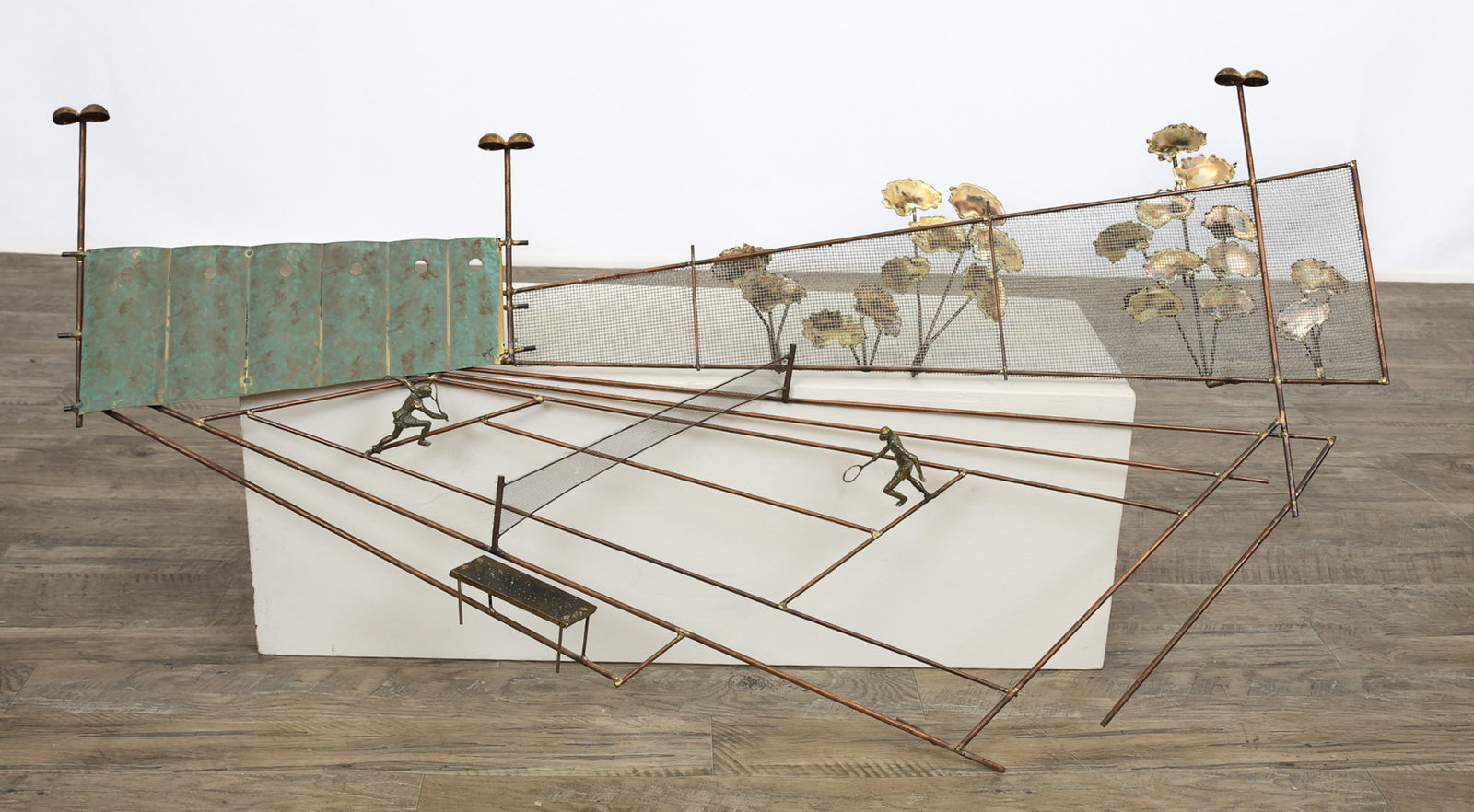 Curtis Jere Tennis Wall Sculpture: Mixed metal wall sculpture of players in a tennis court. Hand signed. 29"h x 52"w
