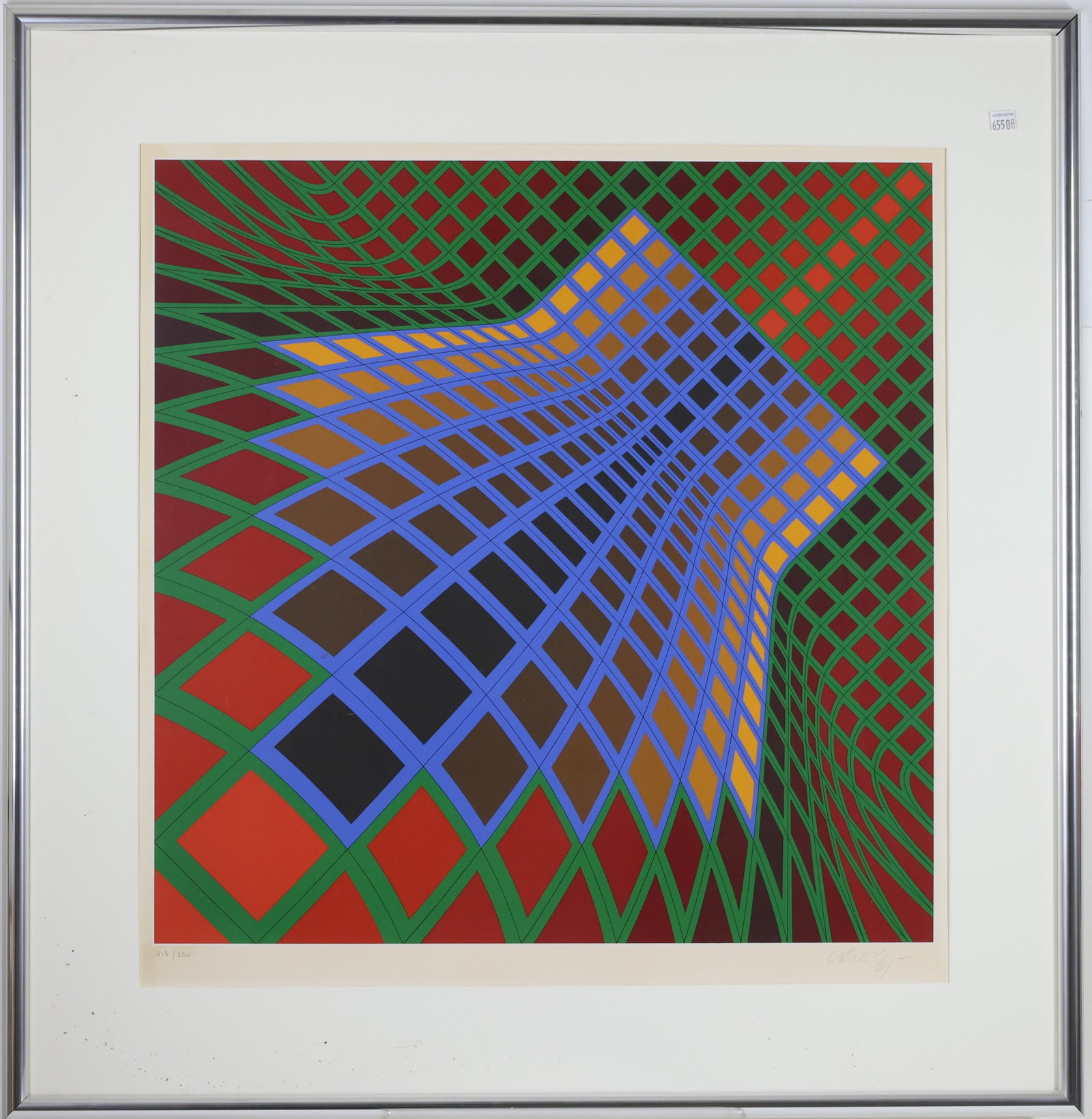 Victor Vasarely (1906 - 1997): Silkscreen, "Geometric Descent", pencil signed and numbered 213/250. Op-art composition. 25.5"h x 25.5"w and 36"h x 36"w framed